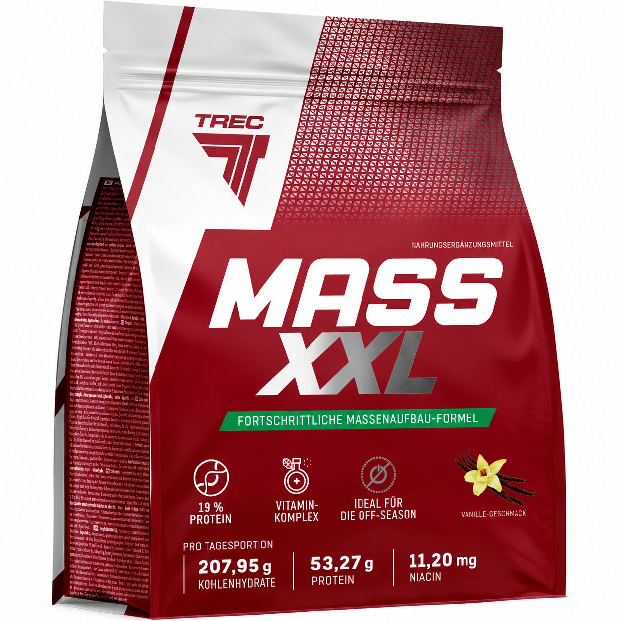 Trec Mass XXL Pulver in roter und weißer Verpackung mit Nährwertangaben und Vanille-Geschmackssymbol.