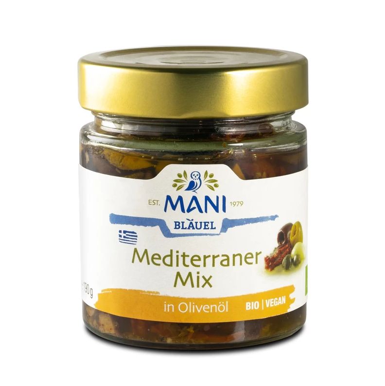 Glas mit MANI Bio Cocktail mediterran in Olivenöl. Etikett mit Logo, Produktbezeichnung und Bio/Vegan-Siegel. Goldfarbener Deckel.
