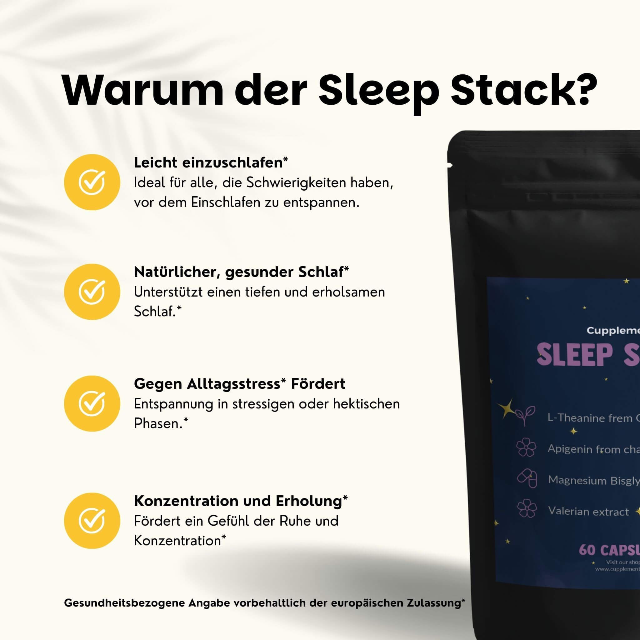 Schwarzer Beutel 'Sleep Stack' mit 60 Kapseln. Text: Warum Sleep Stack? Natürlicher Schlaf, gegen Stress, Fokus.