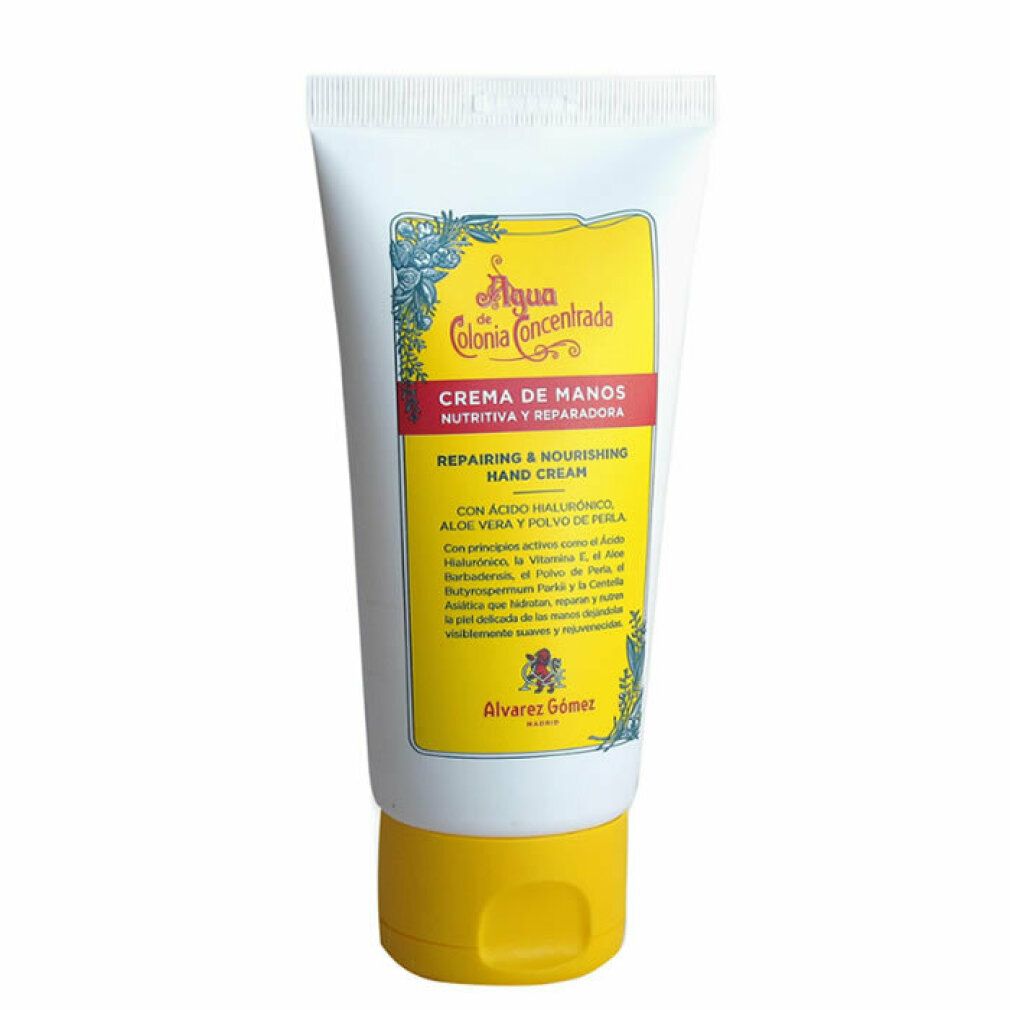 Creme-Tube mit gelbem Verschluss. Aufschrift: Agua de Colonia Concentrada, Crema de Manos. Gelbes Etikett mit rosa Schrift und Text.