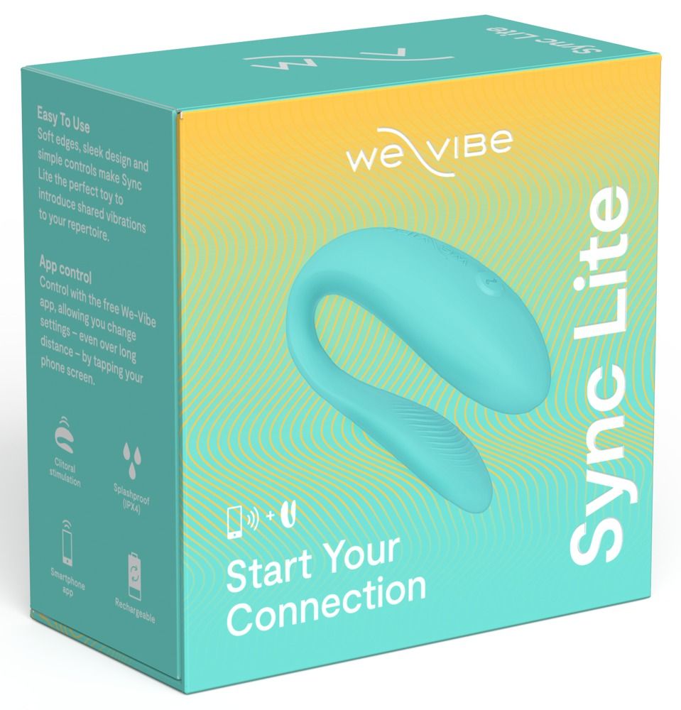 Verpackung von We-Vibe Sync Lite. Türkisfarbene Box mit Produktabbildung. Text: Sync Lite, Start Your Connection.