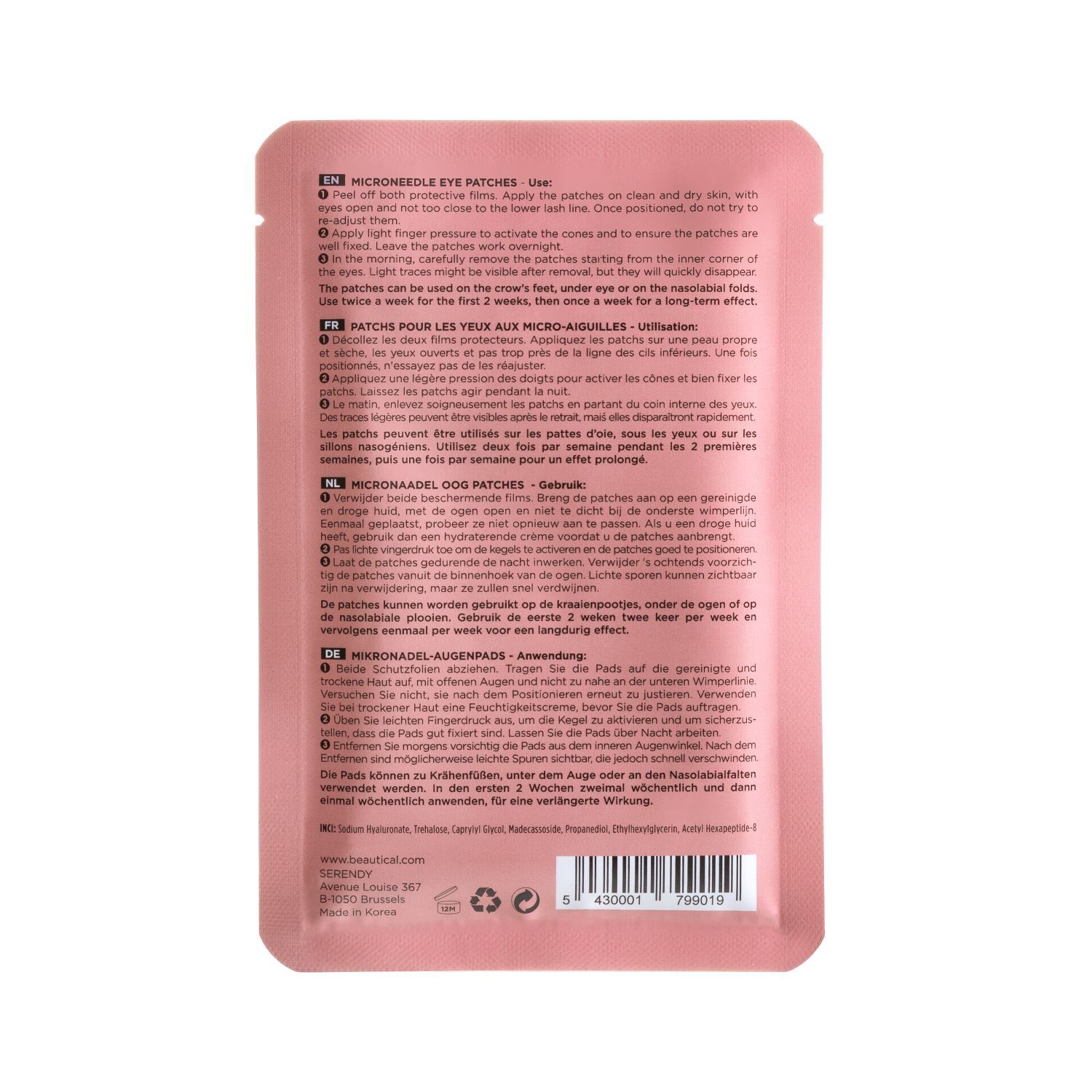 Rückseite der rosa BEAUTICAL Verpackung. Text in mehreren Sprachen. Enthält Anweisungen für die Anwendung.