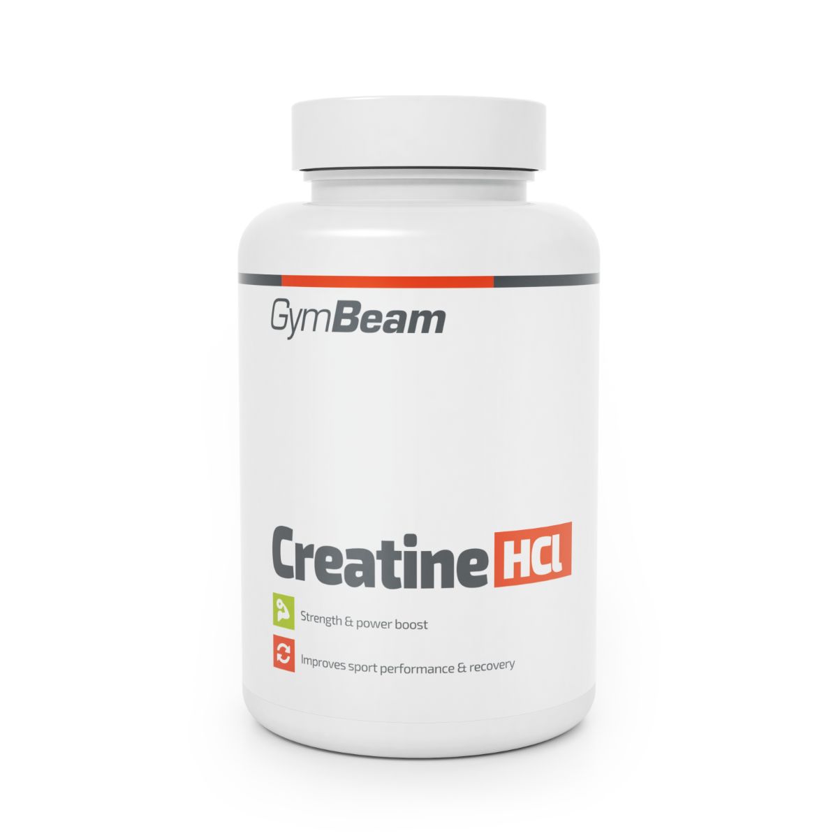 GymBeam Creatine HCl Kapseln in weißem Behälter mit rotem und schwarzem Streifen. Beschriftung: Creatine HCl, Strength & Power Boost.