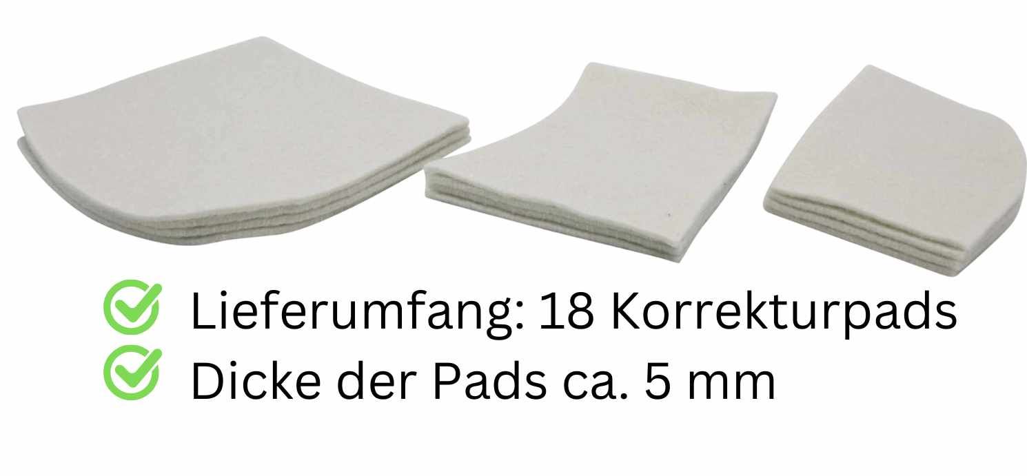 Stapel von weißen Korrekturpads. Text: Lieferumfang: 18 Korrekturpads, Dicke der Pads ca. 5 mm.