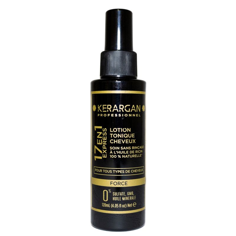 Schwarze Sprühflasche mit gelben und weißen Texten. Kerargan Professional, 17in1 Express, Lotion Tonique Cheveux. 120ml.