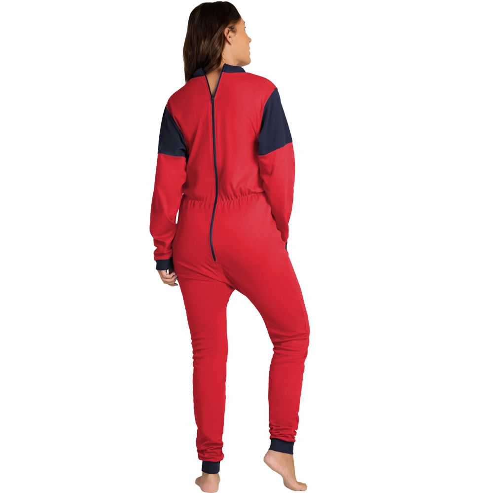 Roter Overall mit Rückenreißverschluss und dunkelblauen Akzenten. Rückansicht. Langärmlig, Beinabschlüsse.