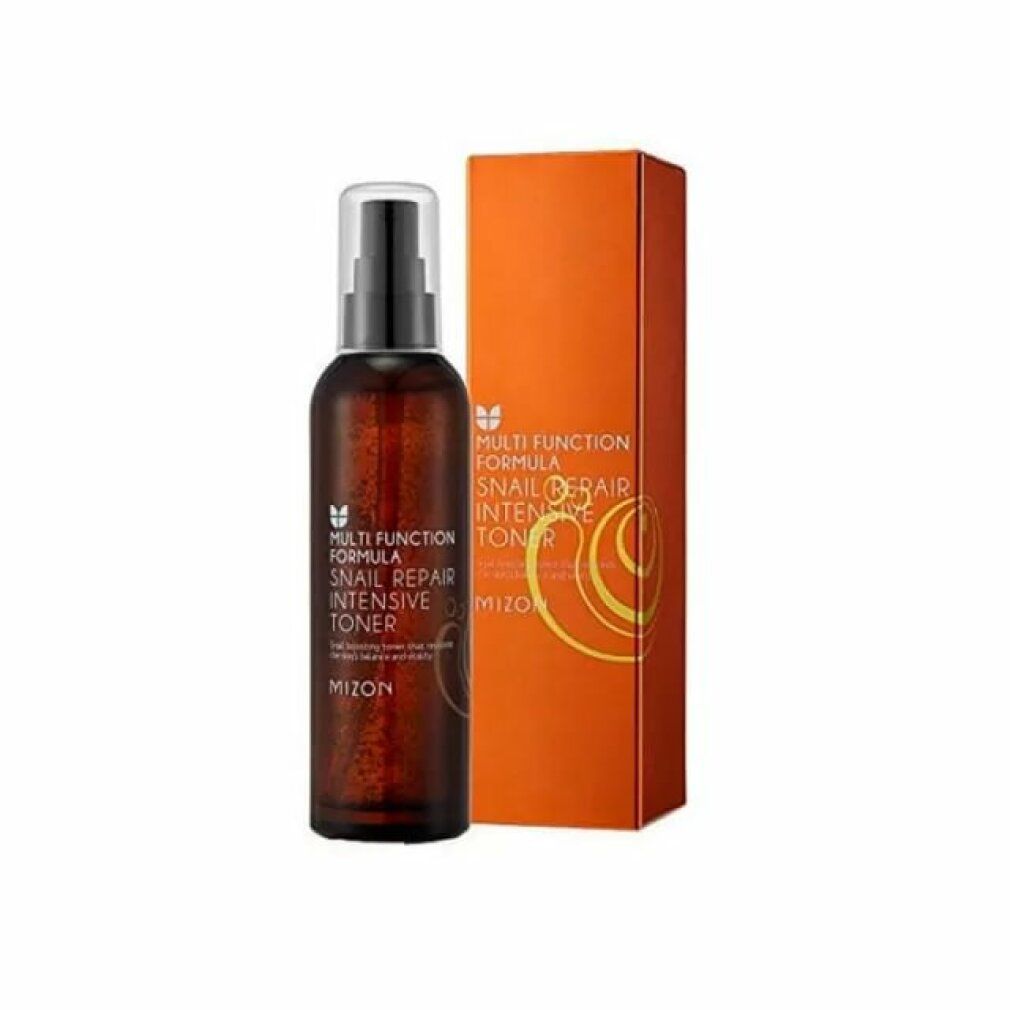 Braune Flasche mit Zerstäuber und orangefarbener Verpackung. Aufschrift: Multi Function Formula, Snail Repair Intensive Toner. Marke: MIZON.