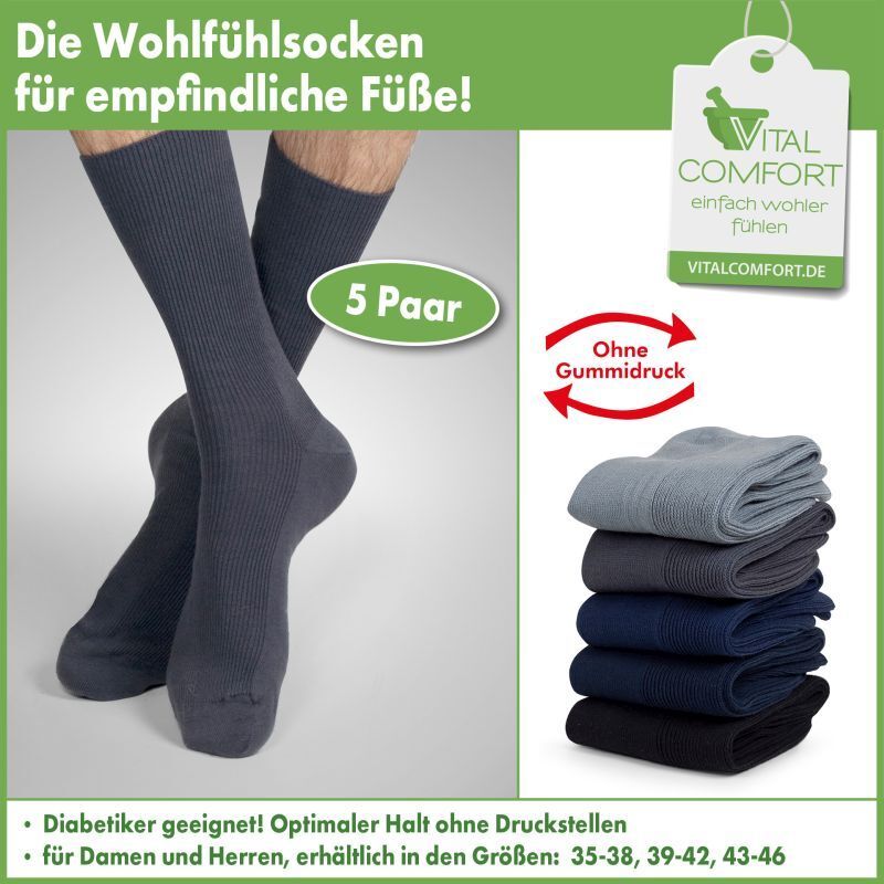 Vital Comfort 5 Paar Wohlfühlsocken unisex, atmungsaktiv, hautverträglich u. Spitze gekettelt