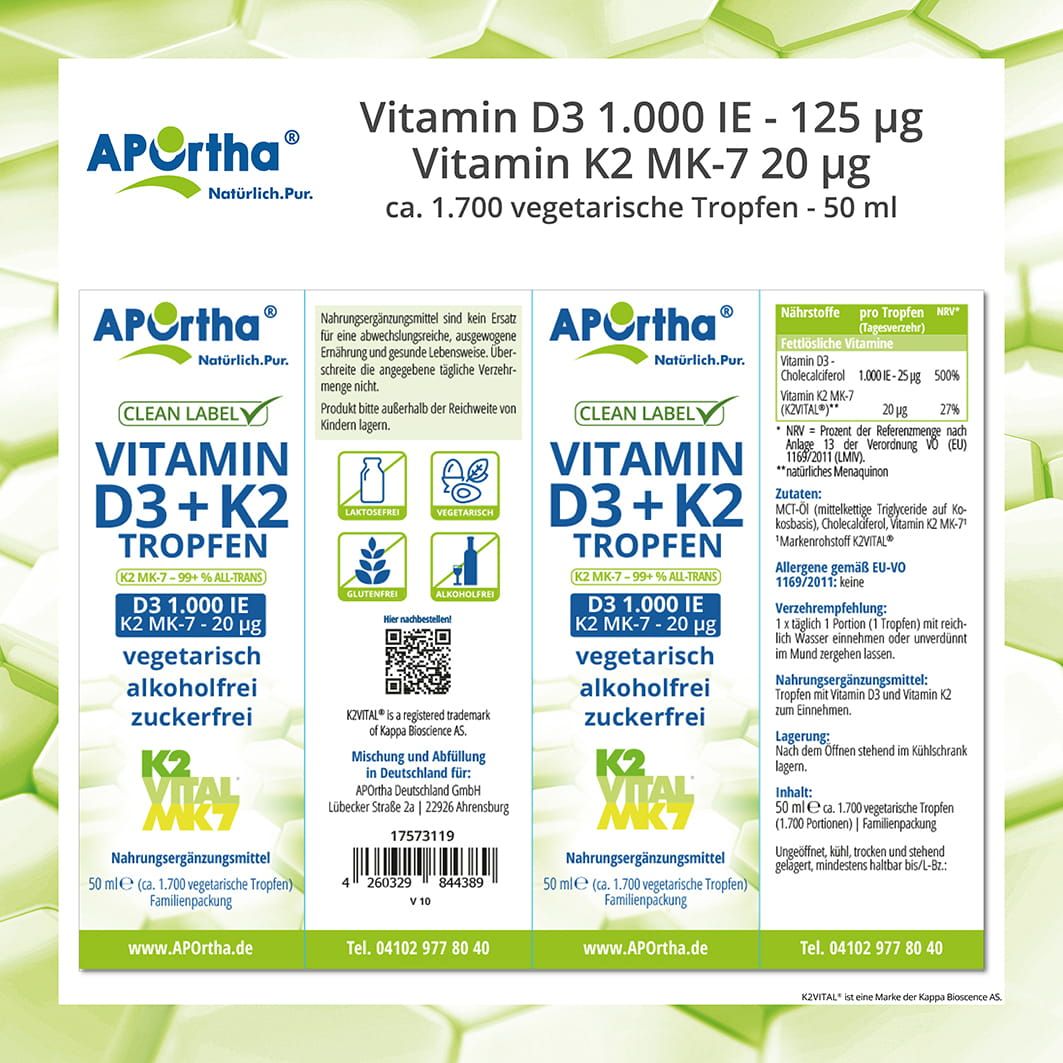 Produktverpackung mit Etiketten. Beschriftung: Vitamin D3 + K2 Tropfen, 1.000 IE, K2 MK-7, vegetarisch, alkoholfrei, zuckerfrei. Nährwertangaben.