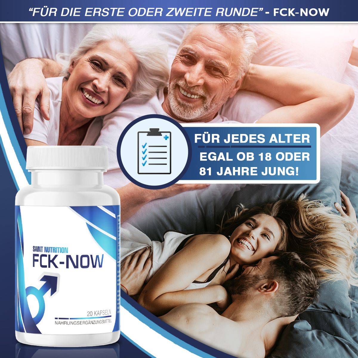 Flasche FCK-NOW mit älterem Paar und jungem Paar im Bett. Text: Für jedes Alter, egal ob 18 oder 81 Jahre jung!