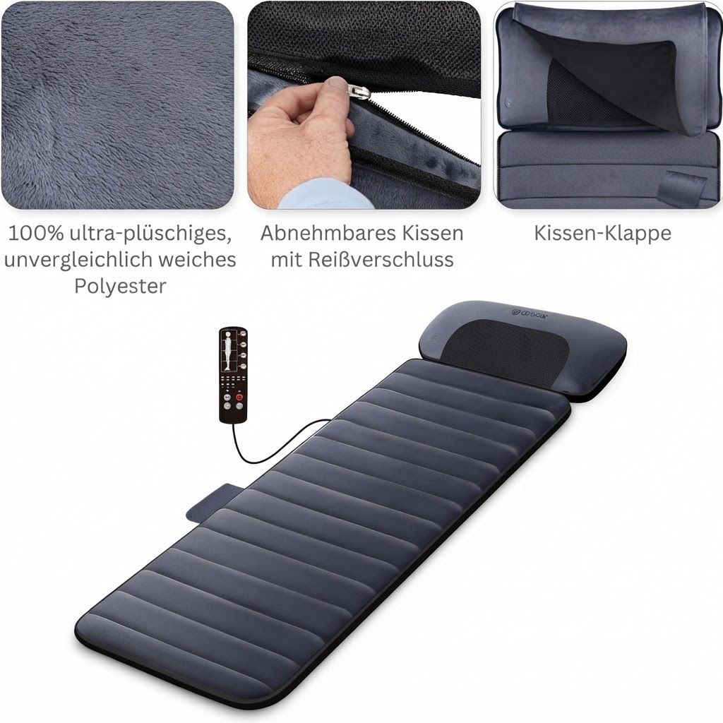 Graue Massagematte mit abnehmbarem Kissen und Fernbedienung, aus Polyester.