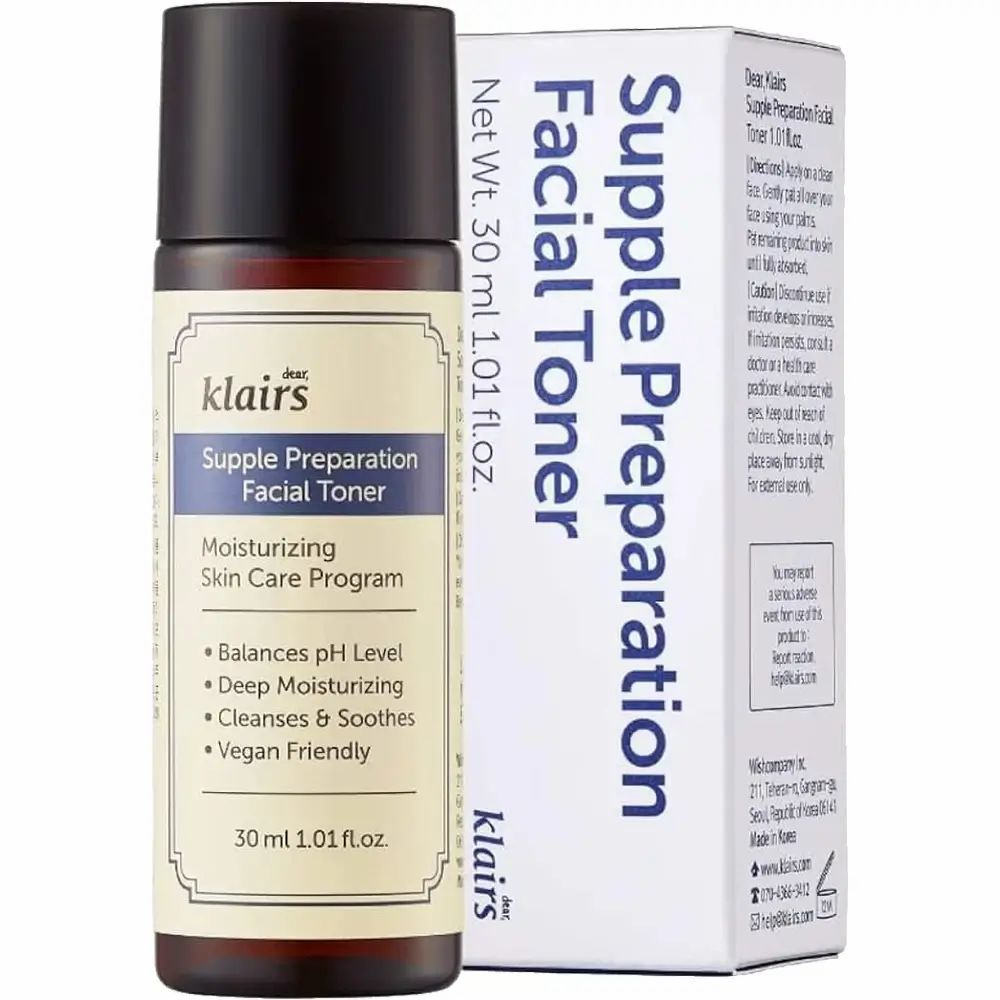 Produktverpackung und Flasche. Text: Supple Preparation Facial Toner. 30 ml.