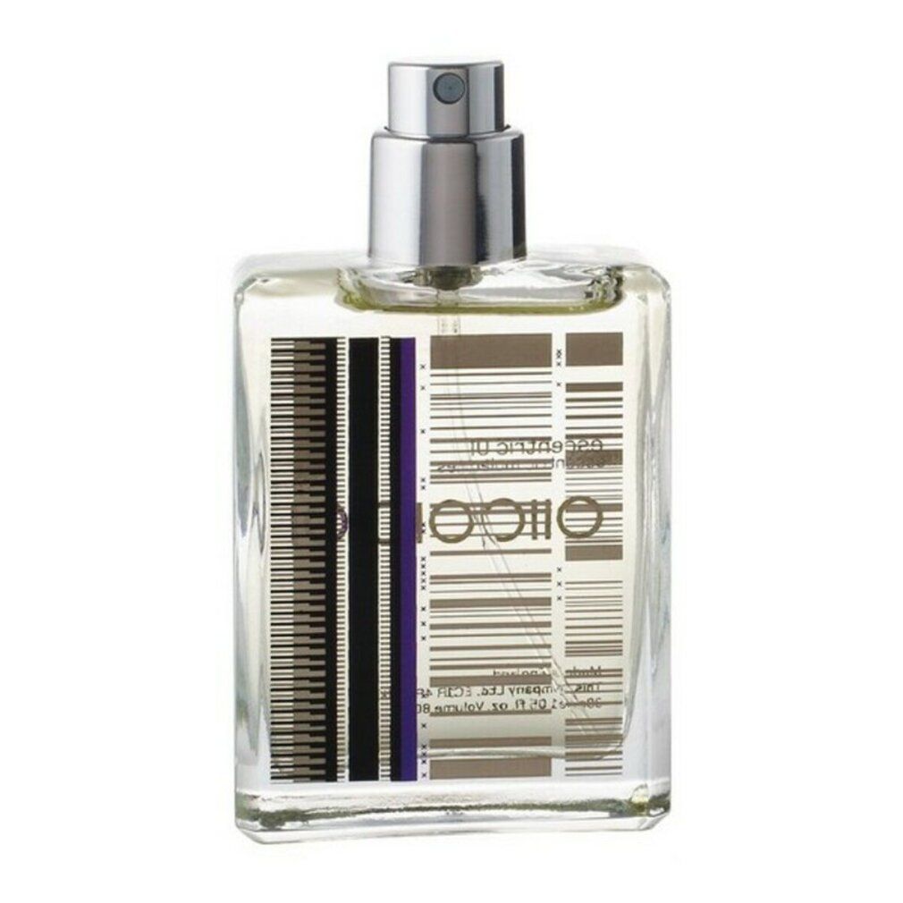 Quadratischer Flakon mit silbernem Zerstäuber. Aufschrift: Escentric 01. Design mit Strichcode-ähnlichen Elementen.