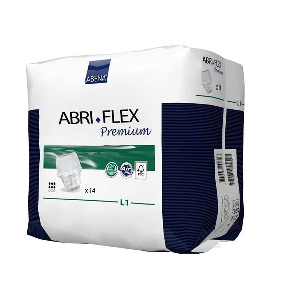 Abena Abri-Flex Premium L1, Packung. Weiß-blaue Verpackung mit Produktabbildung, Logos und Barcode.