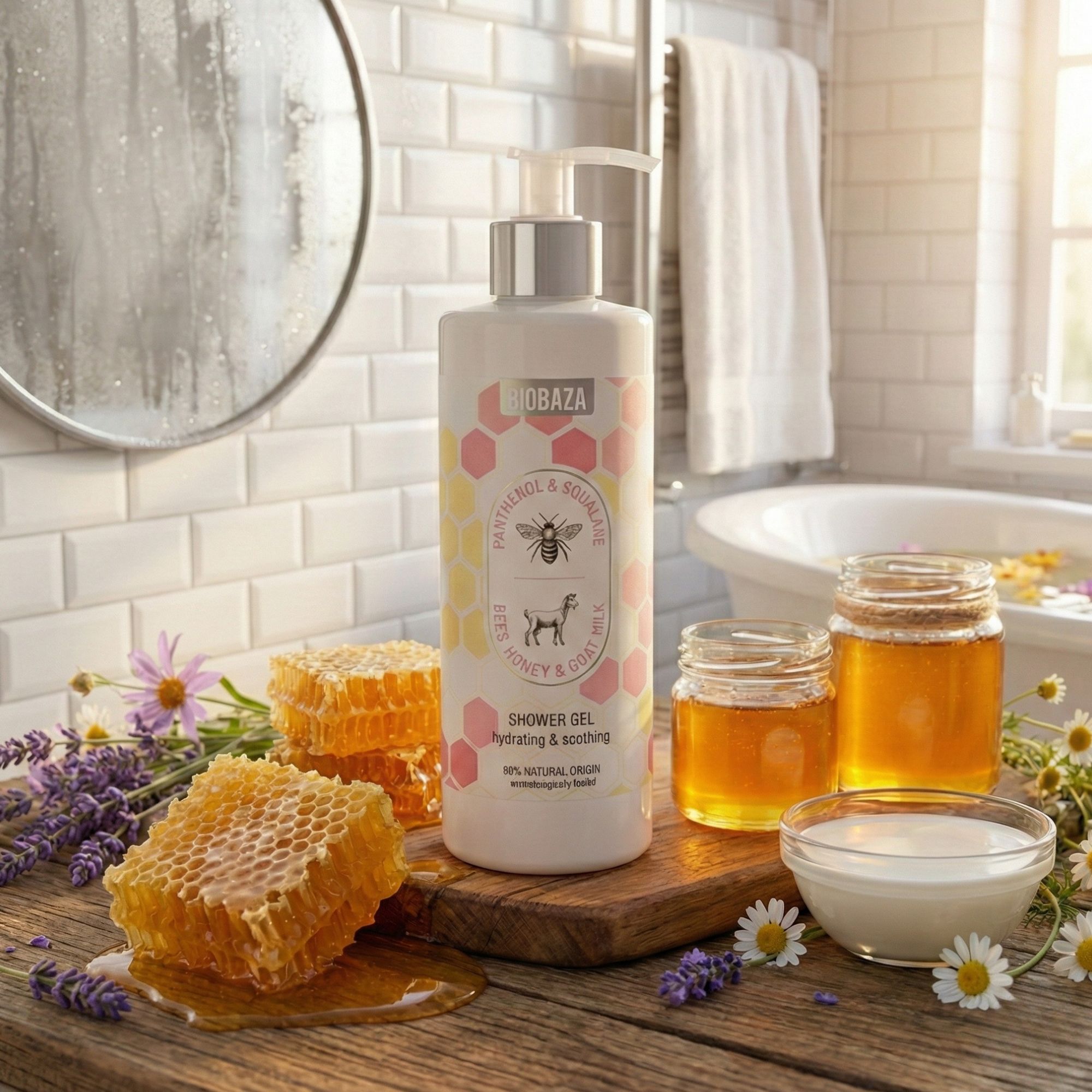 Biobaza 2in1 Shower Gel mit Honigwaben, Honiggläsern, Blumen. Holzbrett. Etikett mit Bienen- und Ziegenmotiv. Badezimmer-Hintergrund.