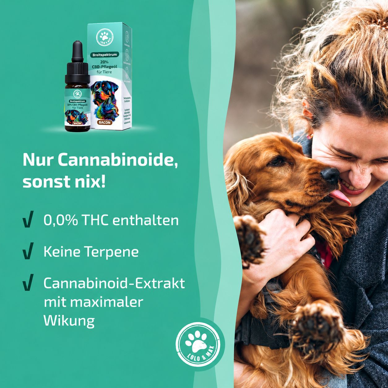 Flasche und Karton für 20% CBD-Pflegeöl für Tiere, mit Hund- und Katzengrafik.