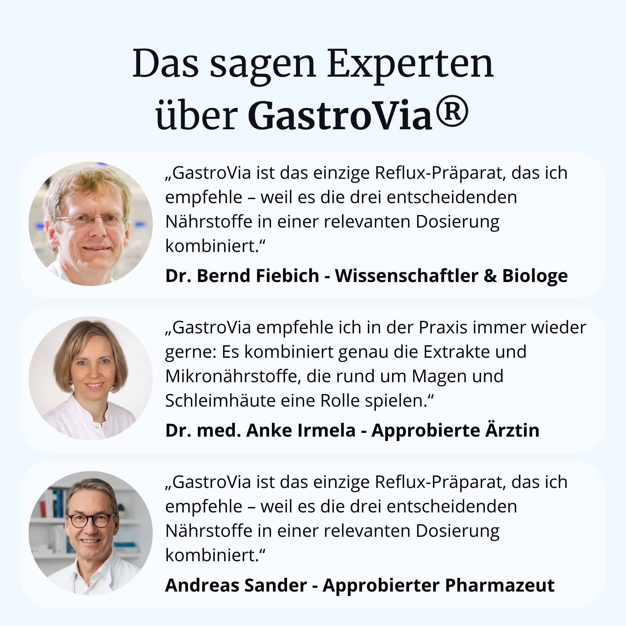 Porträts von Experten (Arzt, Biologe, Pharmazeut) mit Zitaten über GastroVia®.