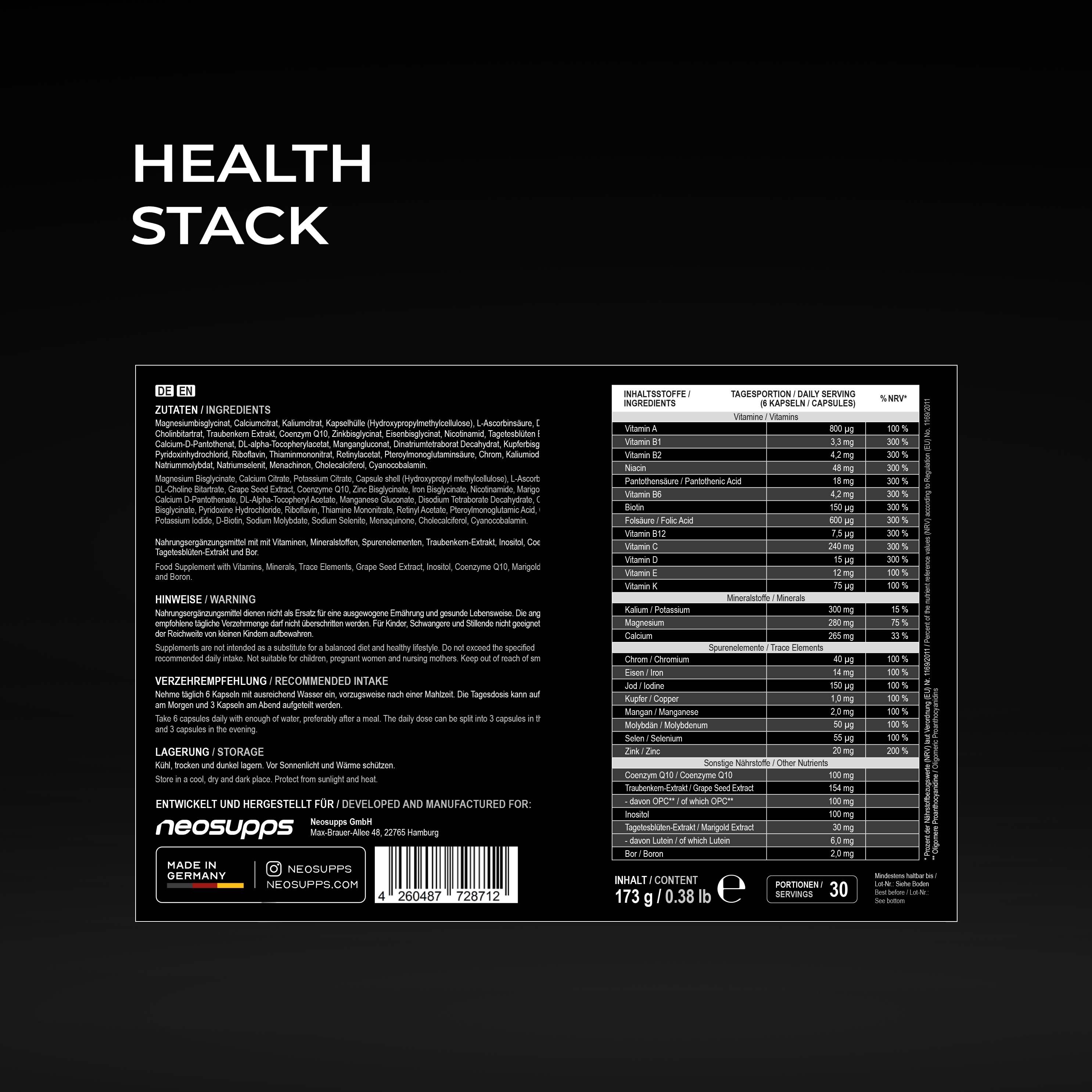 Rückseite der Neosupps Health Stack Verpackung mit Inhaltsstoffen und Nährwertangaben.