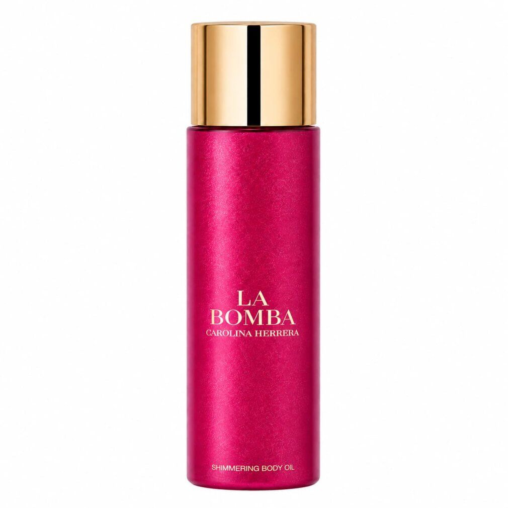 Carolina Herrera La Bomba schimmerndes Körperöl in einer glitzernden, pinken Flasche mit goldfarbenem Verschluss.