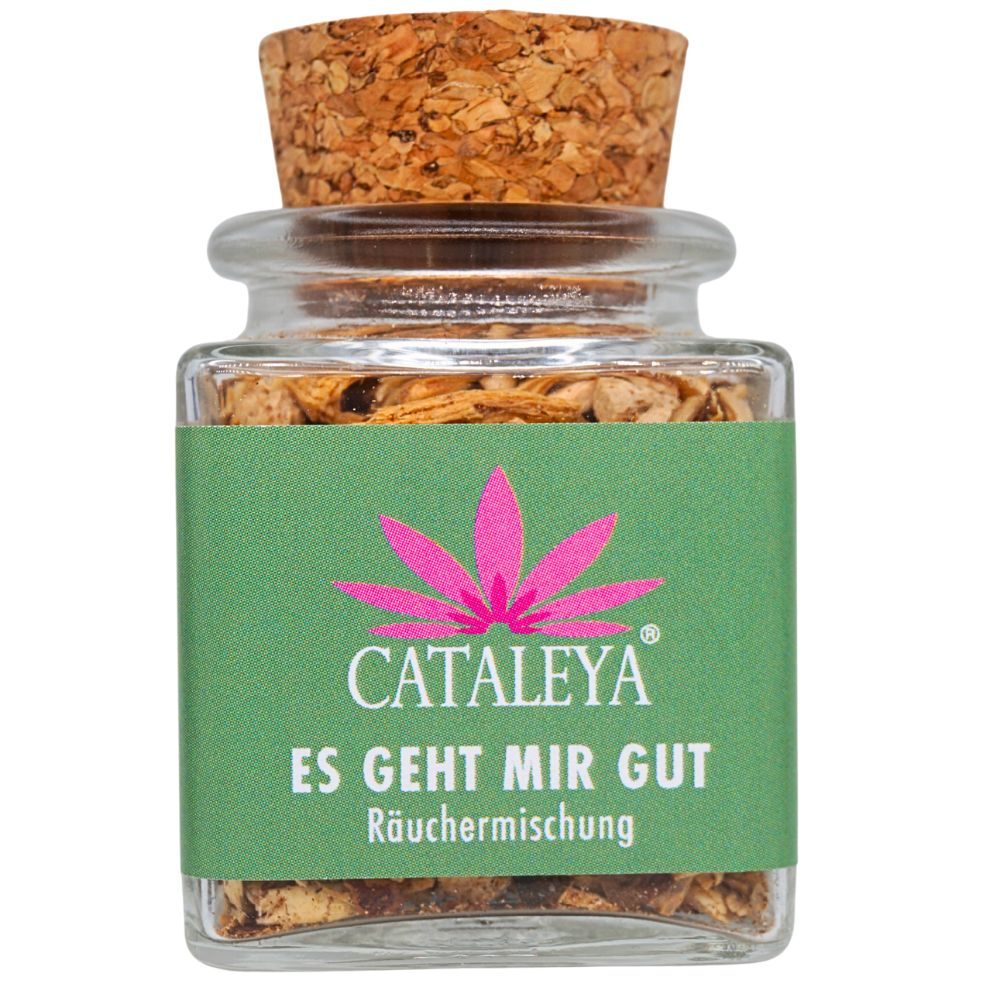 Glasflasche mit Korken. Grünes Etikett mit Logo und Schriftzug: CATALEYA ES GEHT MIR GUT Räuchermischung. Inhalt sichtbar.
