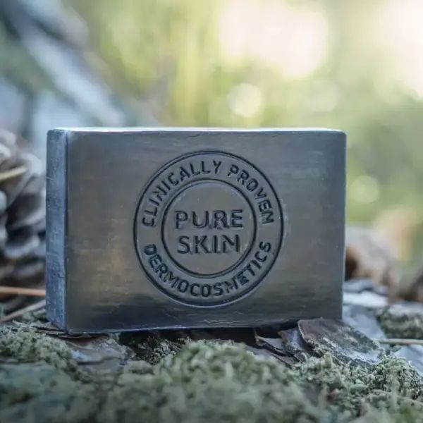 Schwarze Seife auf Holz. Aufschrift: Pure Skin, klinisch erwiesen. Rechteckige Form. Natürlicher Hintergrund.