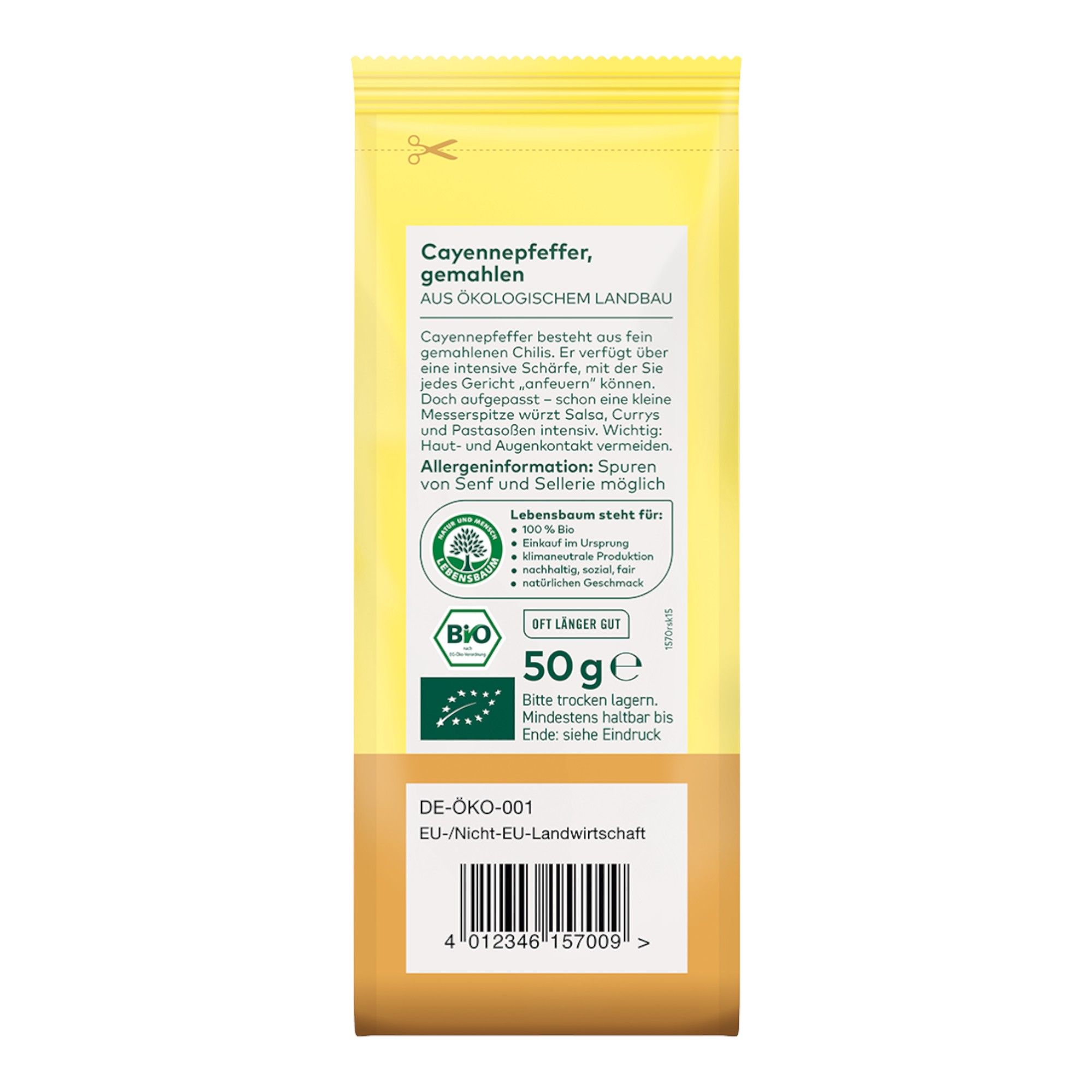 Packung gemahlener Cayenne-Pfeffer, 50g, Bio-Siegel, Barcode.