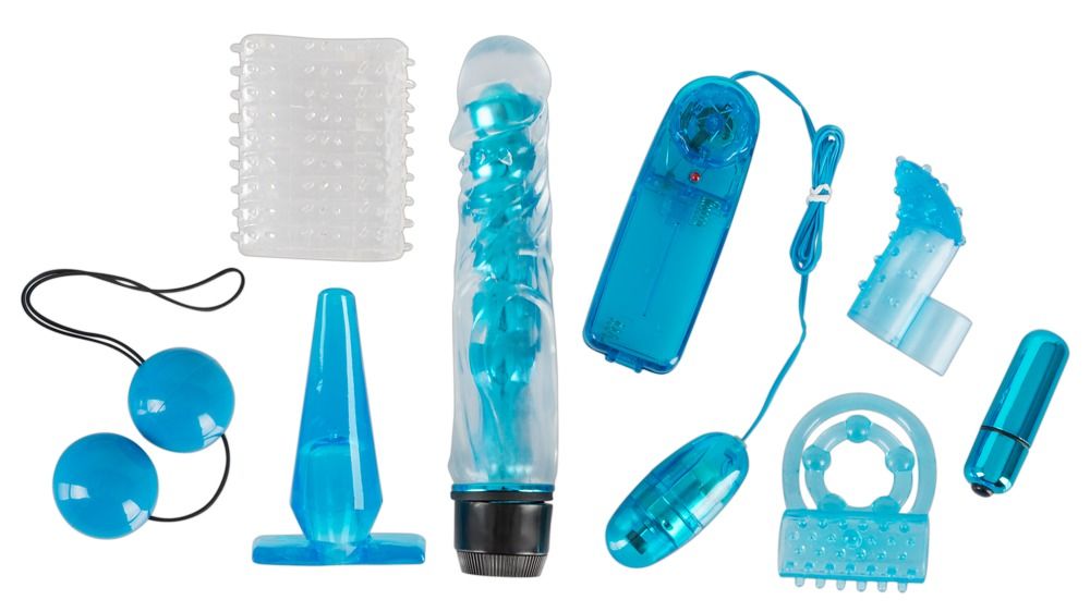 Set mit 8 blauen Sexspielzeugen: Vibrator, Analplug, Kugeln, Ring, Fingeraufsatz, Aufsatz, Mini-Vibrator. Verschiedene Formen und Größen.