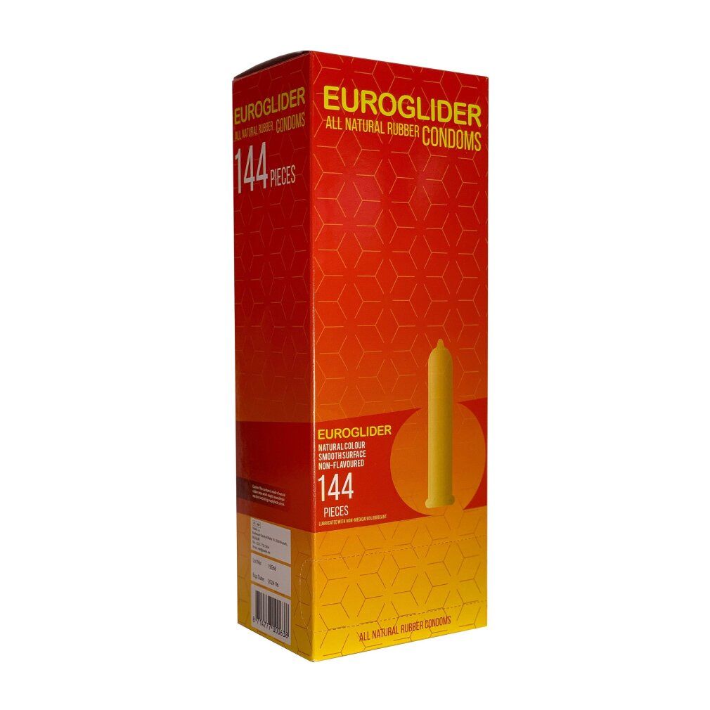 Euroglider-Verpackung mit 144 Kondomen. Gelbes Kondom auf der Verpackung abgebildet. Aufschrift: All Natural Rubber Condoms.