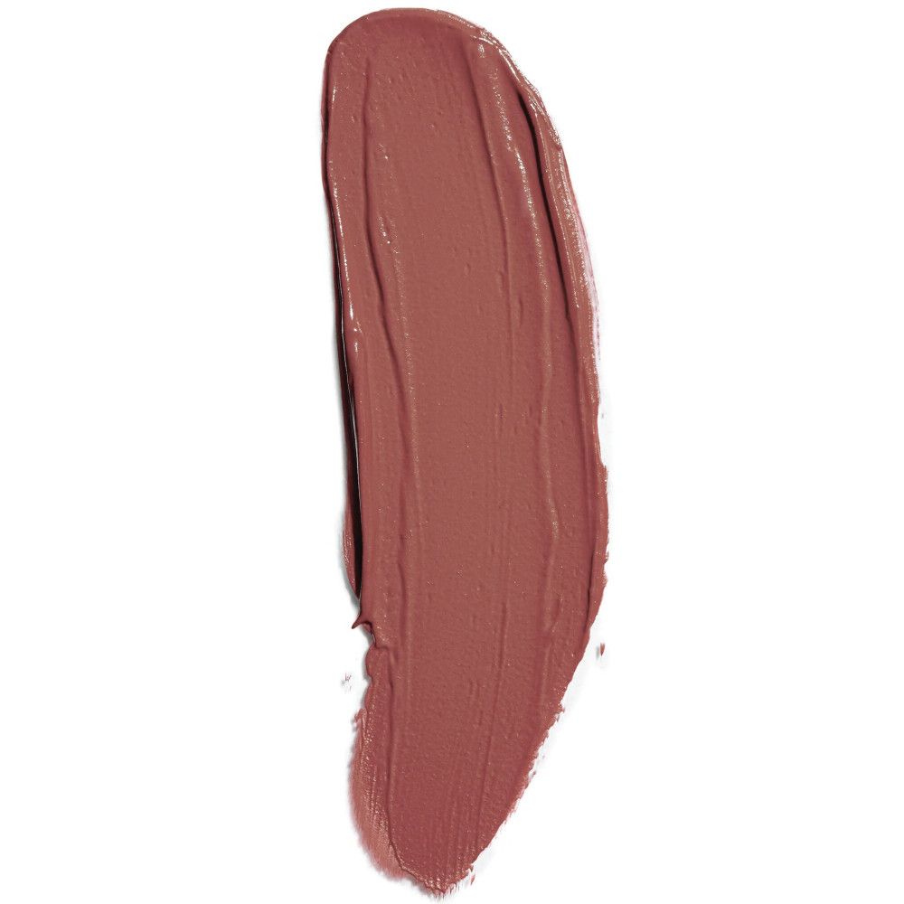 Ein einzelner, matter Lippenstift-Swatch in einem bräunlichen Farbton. Der Swatch ist länglich und zeigt die Textur des Produkts.
