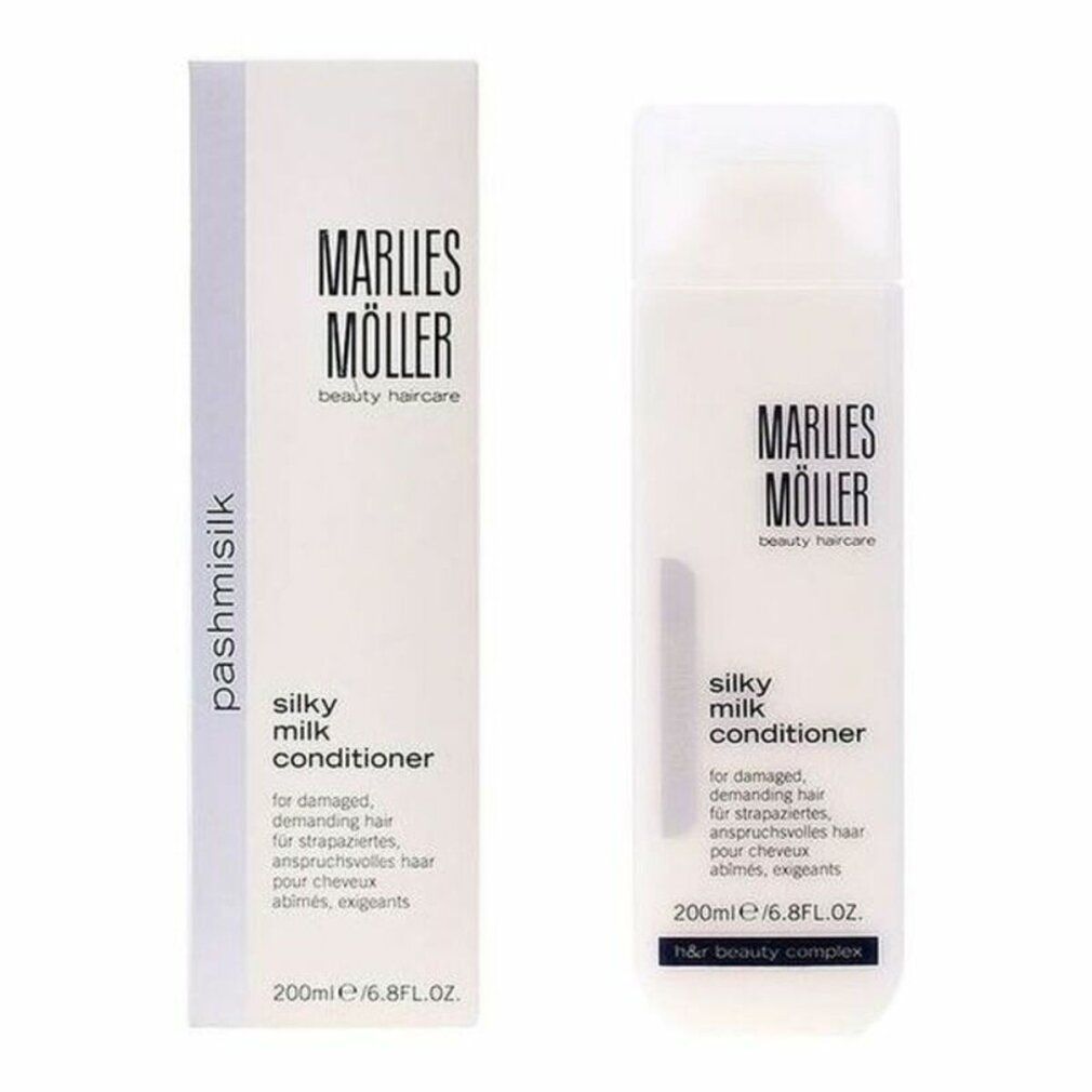 Weiße Flasche und Schachtel. Aufschrift: Marlies Möller, Silky Milk Conditioner. Text in Deutsch, Französisch, Englisch.