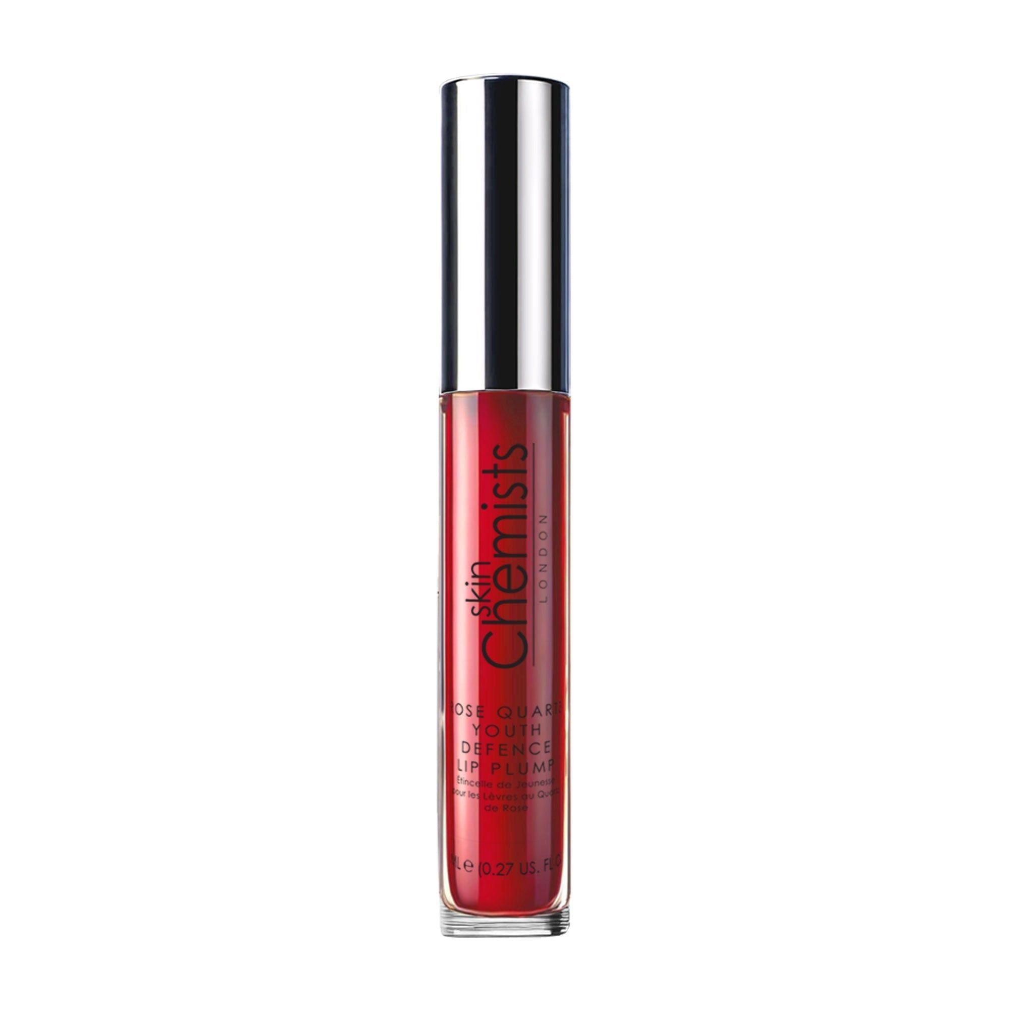 Roter Lipgloss mit silbernem Deckel. Aufschrift: Skin Chemists London, Rose Quartz Youth Defence Lip Plump.