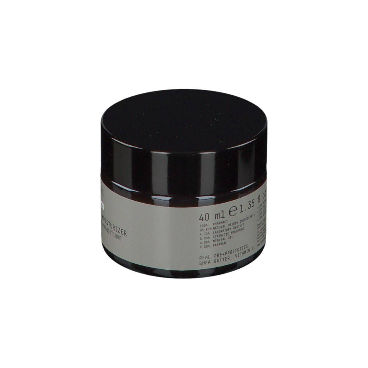 Braune Creme-Dose mit schwarzem Deckel. Auf dem Etikett steht: ATELIER REBUL PRE+ PROBIOTIC MOISTURIZER. 40 ml.