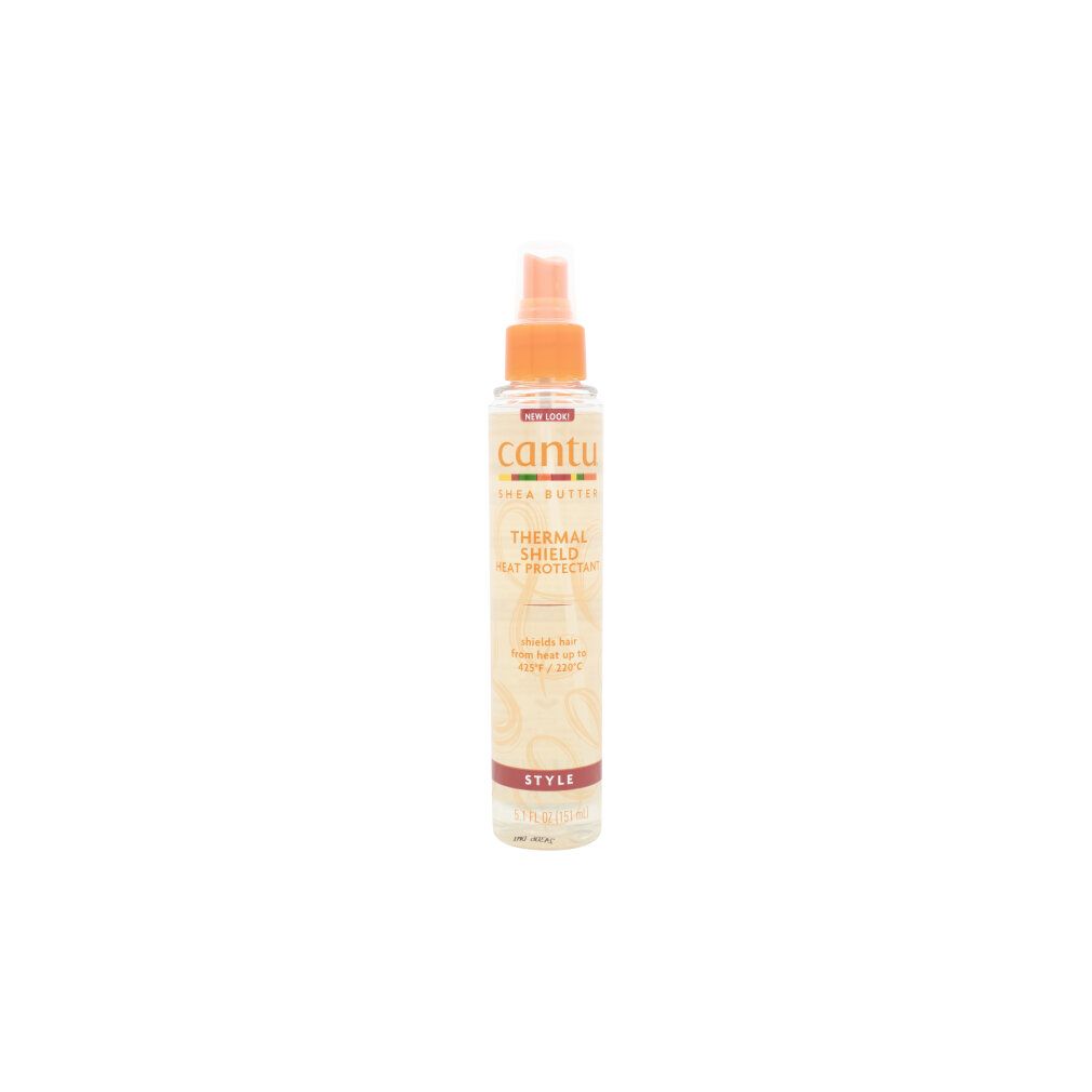 Cantu Thermal Shield Heat Protector Spray mit Sheabutter. Transparente Flüssigkeit in einem Pumpspender.