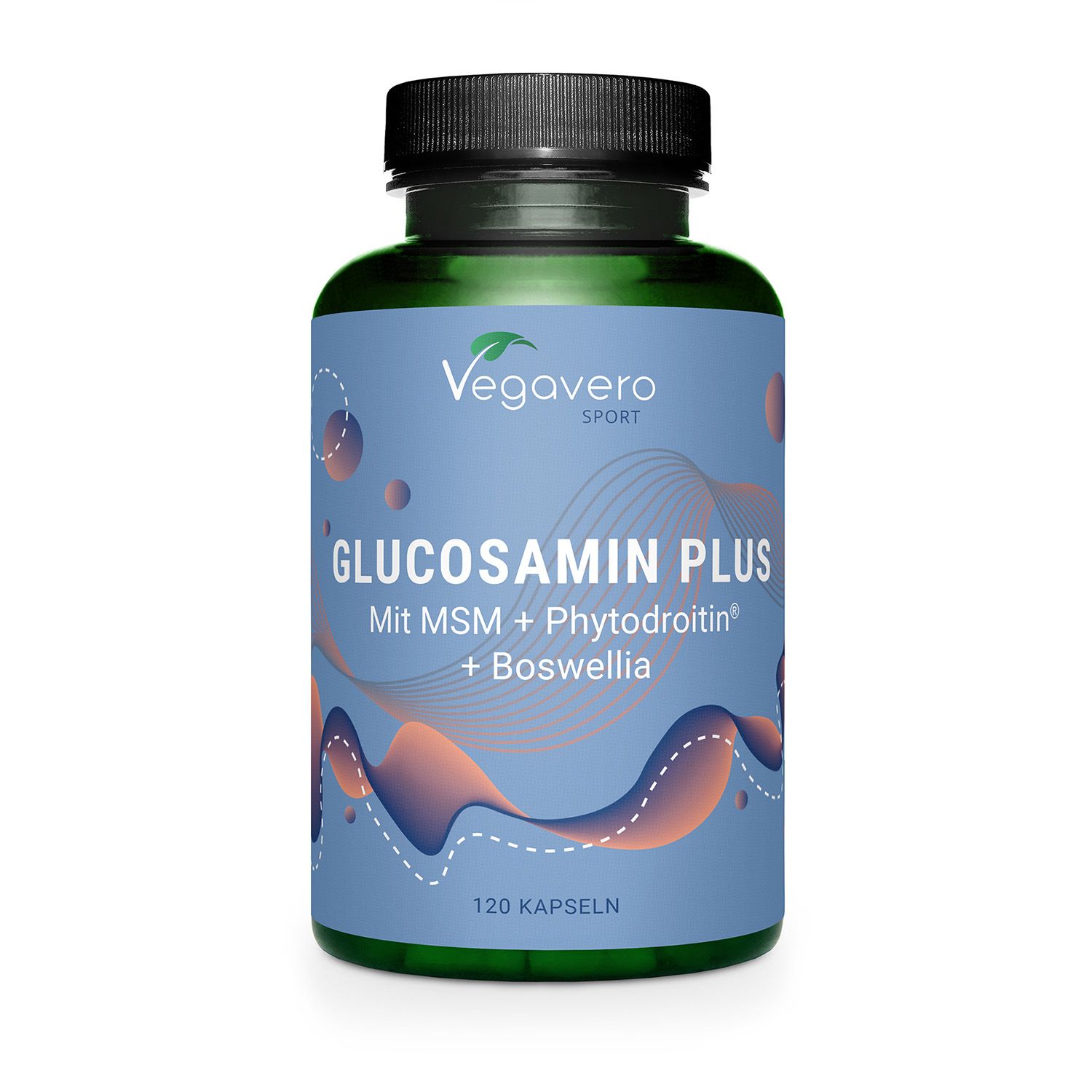 Grüne Flasche mit blauem Etikett. Aufschrift: Glucosamin Plus, Vegavero Sport. 120 Kapseln.