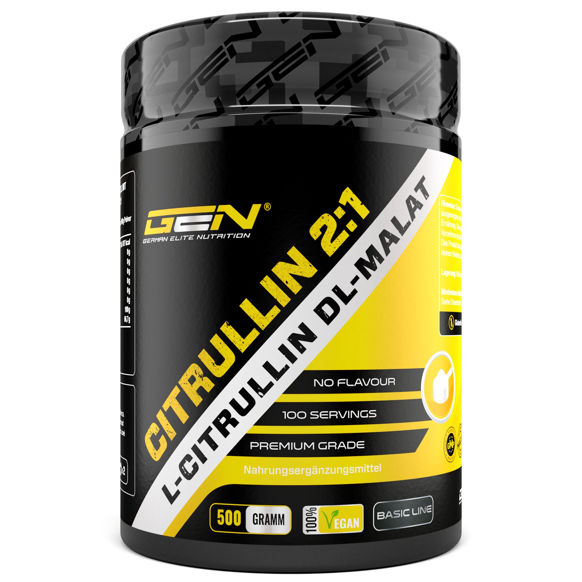 Schwarze Dose mit gelbem Etikett. Aufschrift: CITRULLIN 2:1 L-CITRULLIN DL-MALAT. 500 Gramm, 100 Portionen. Vegan.