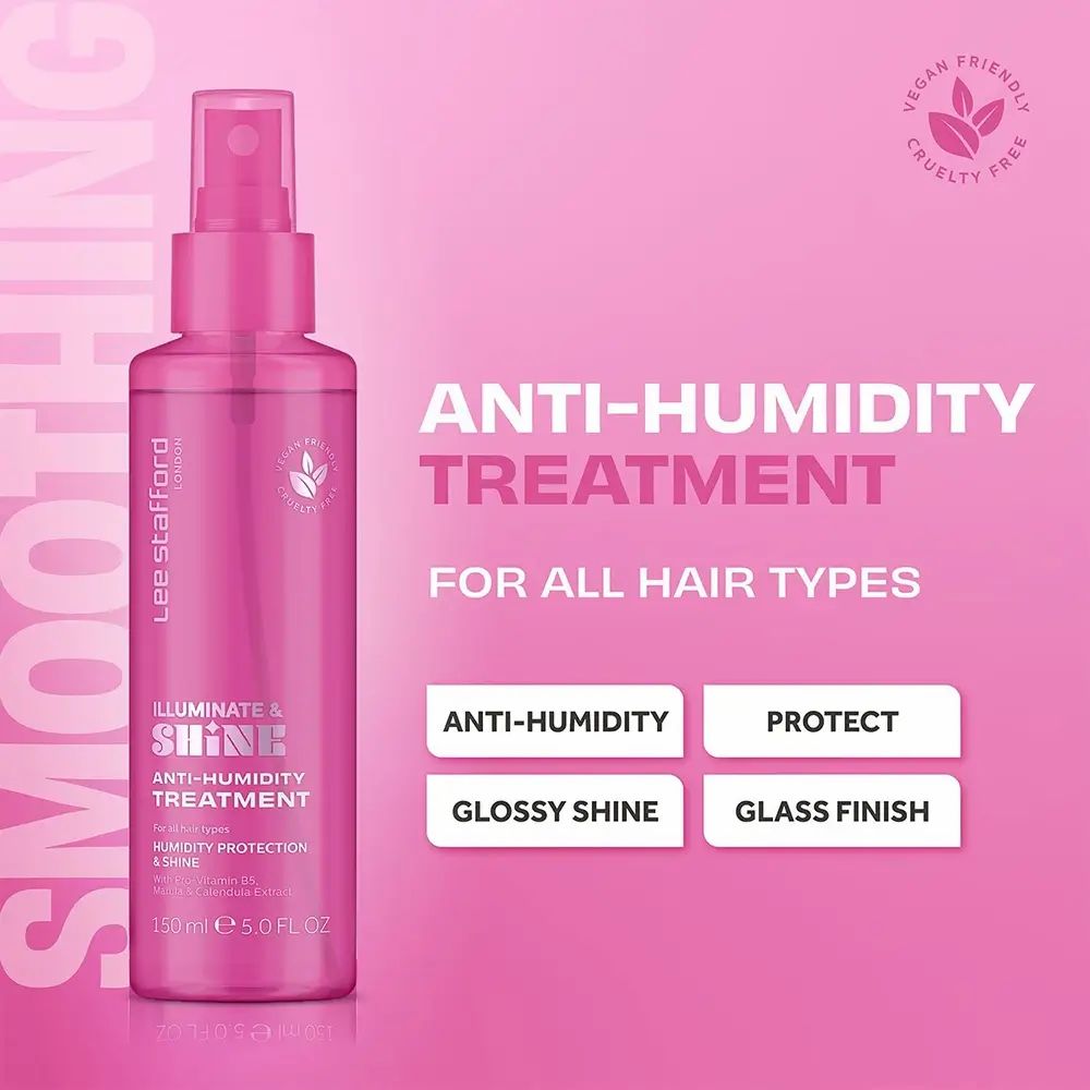 Rosa Haarspray-Flasche. Text: Lee Stafford, Illuminate & Shine, Anti-Humidity Treatment. Vegan-Siegel. Für alle Haartypen.