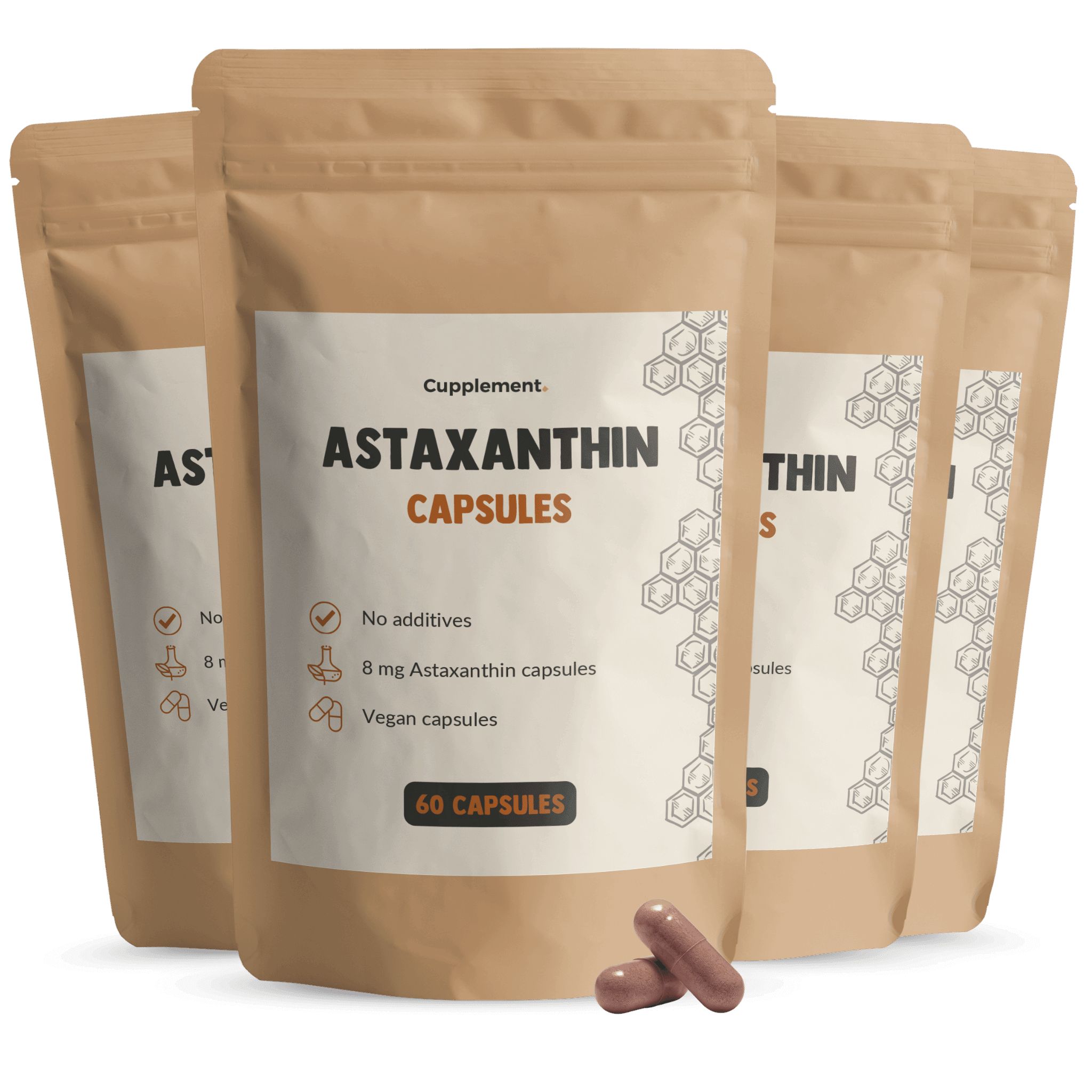 Mehrfachpackung Astaxanthin Kapseln. 4 Beutel, braun. Aufschrift: 60 Kapseln, 8 mg Astaxanthin, vegan.