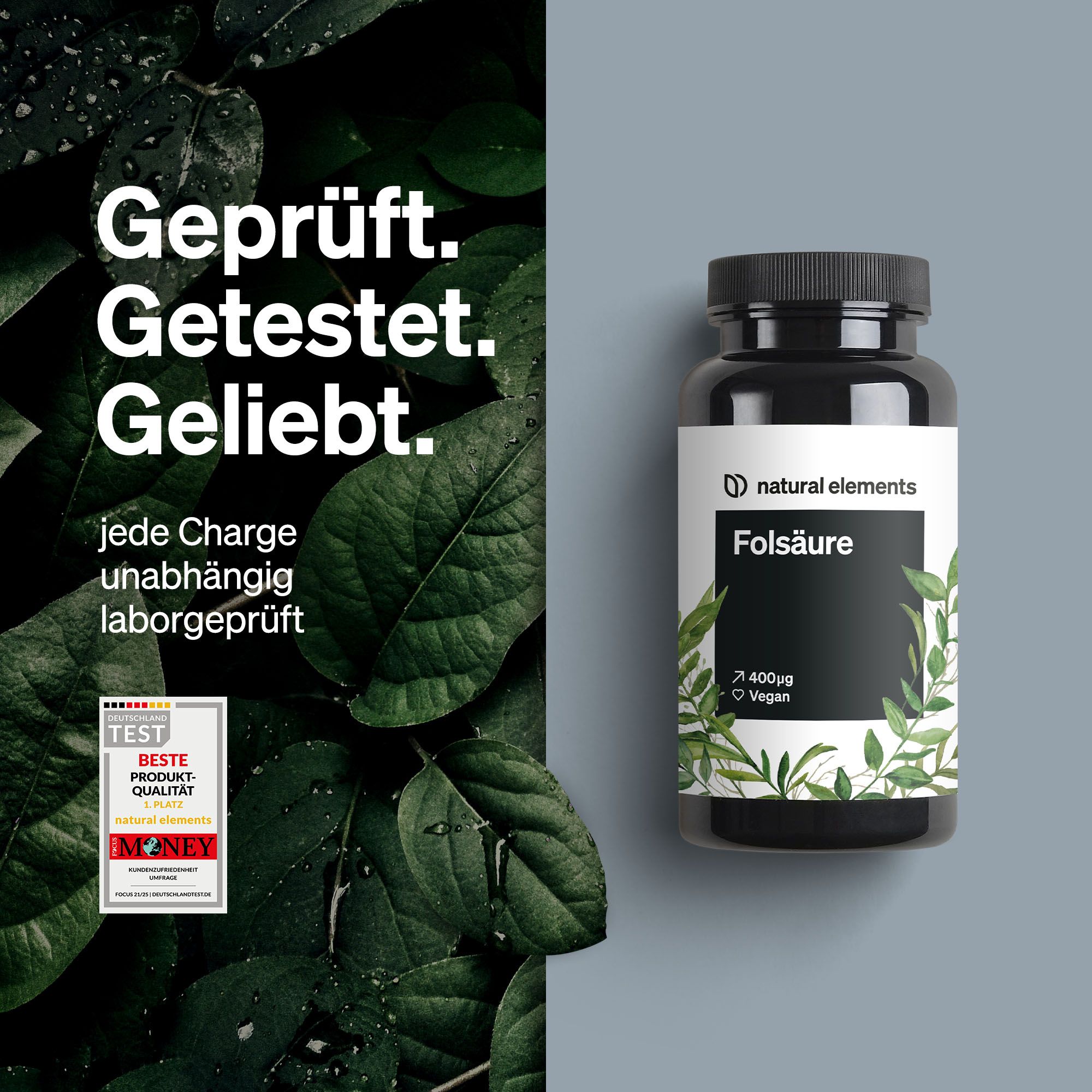 Schwarze Flasche mit weißem Etikett. Aufschrift: Folsäure, 400mcg, Vegan. Marke: natural elements. Siegel: Geprüft. Getestet. Geliebt.