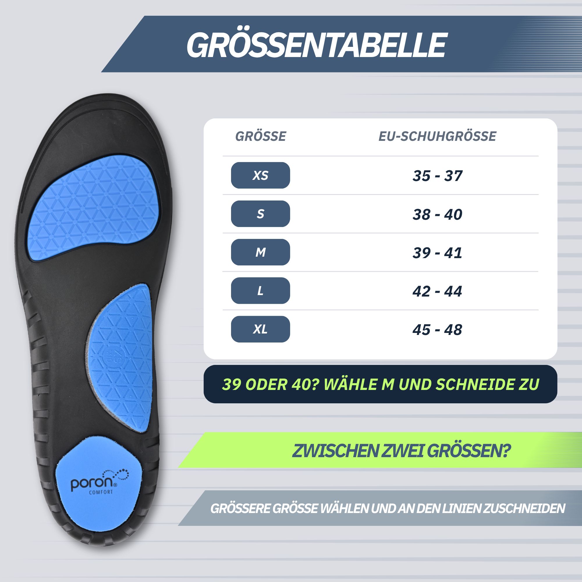 Einlegesohle mit Größentabelle und Hinweis zum Zuschneiden. Zeigt PORON-Material an.