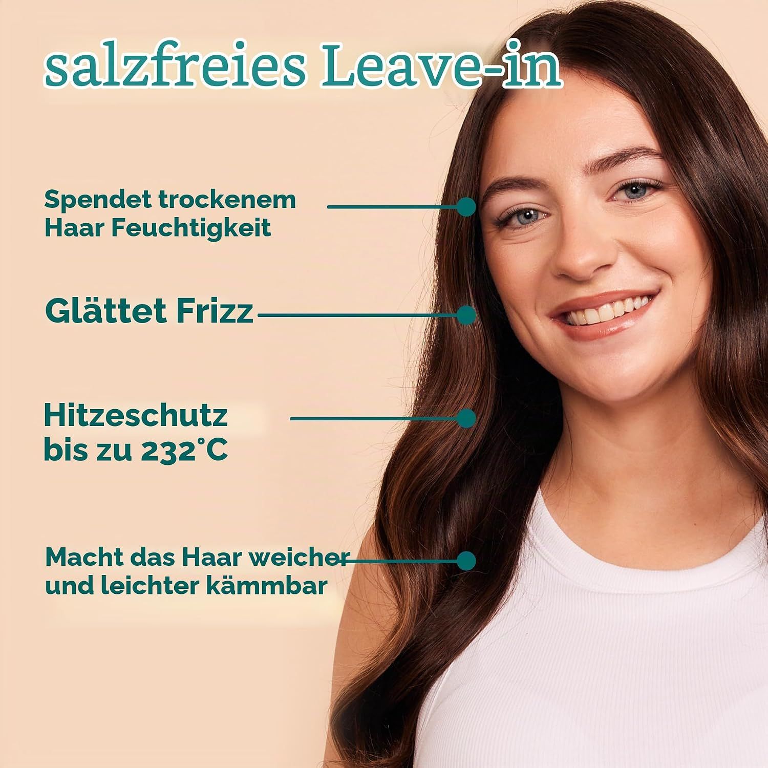 Frau mit langen, braunen Haaren, die die Vorteile eines Leave-In Produkts hervorheben.