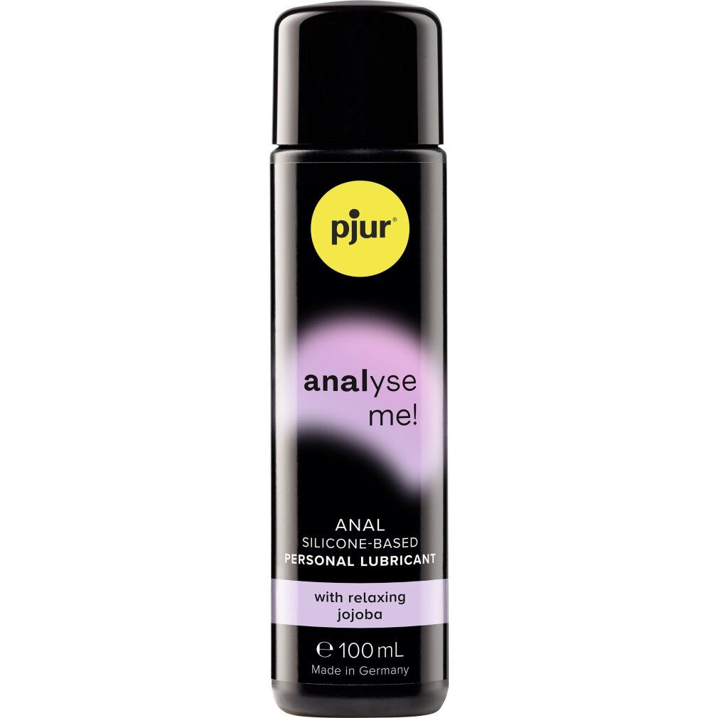 Zylindrische Flasche mit schwarzem Deckel. Aufschrift: pjur, analyse me!, Anal Silicone-Based Personal Lubricant. 100ml.