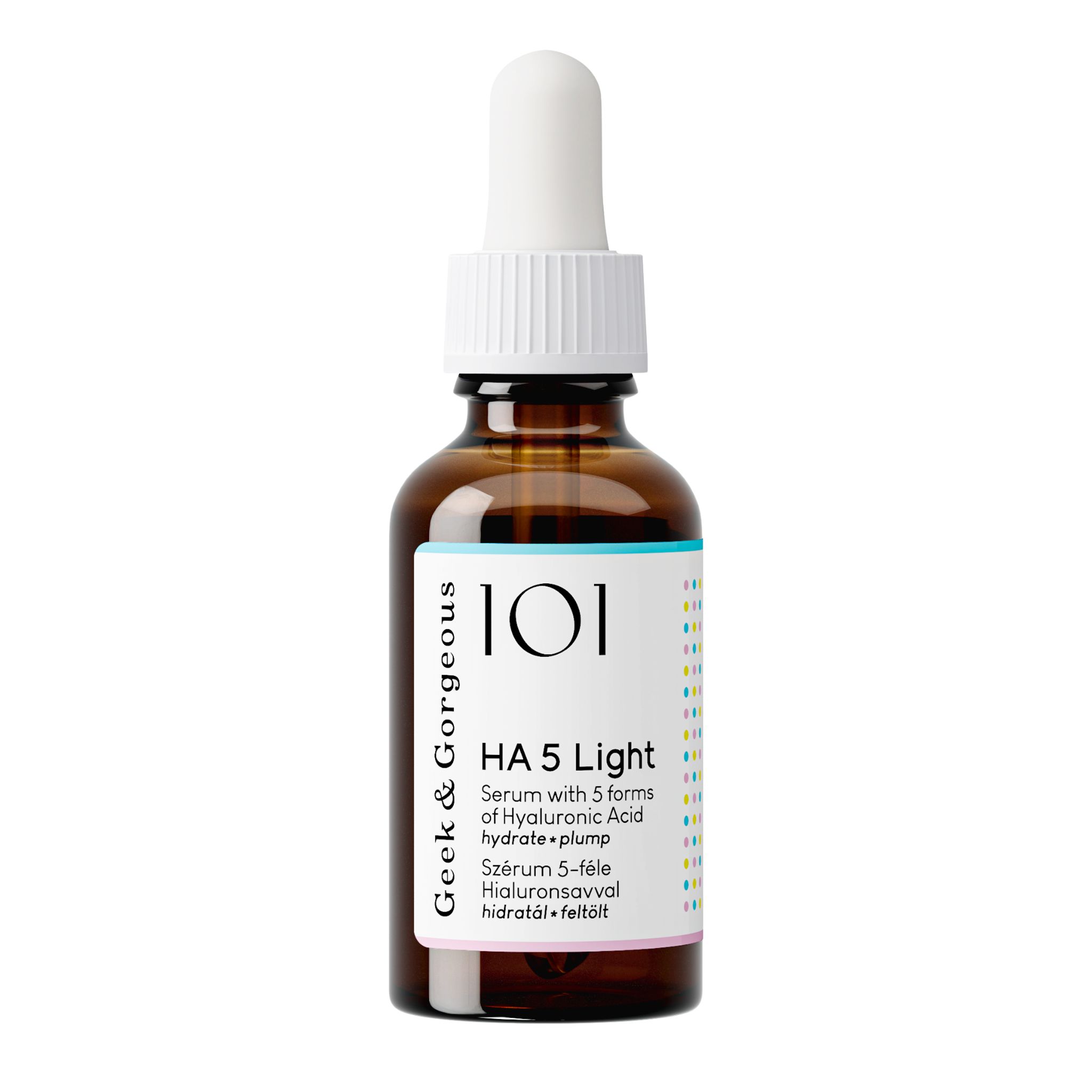 Braune Glasflasche mit Pipette und weißer Kappe. Aufschrift: HA 5 Light. Serum mit 5 Formen von Hyaluronsäure.