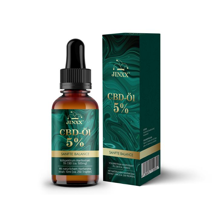 Braune Glasflasche mit Pipette und Verpackung. Verpackung mit "JINXX", "CBD-Öl 5%" und Text. Grüne und goldene Akzente.