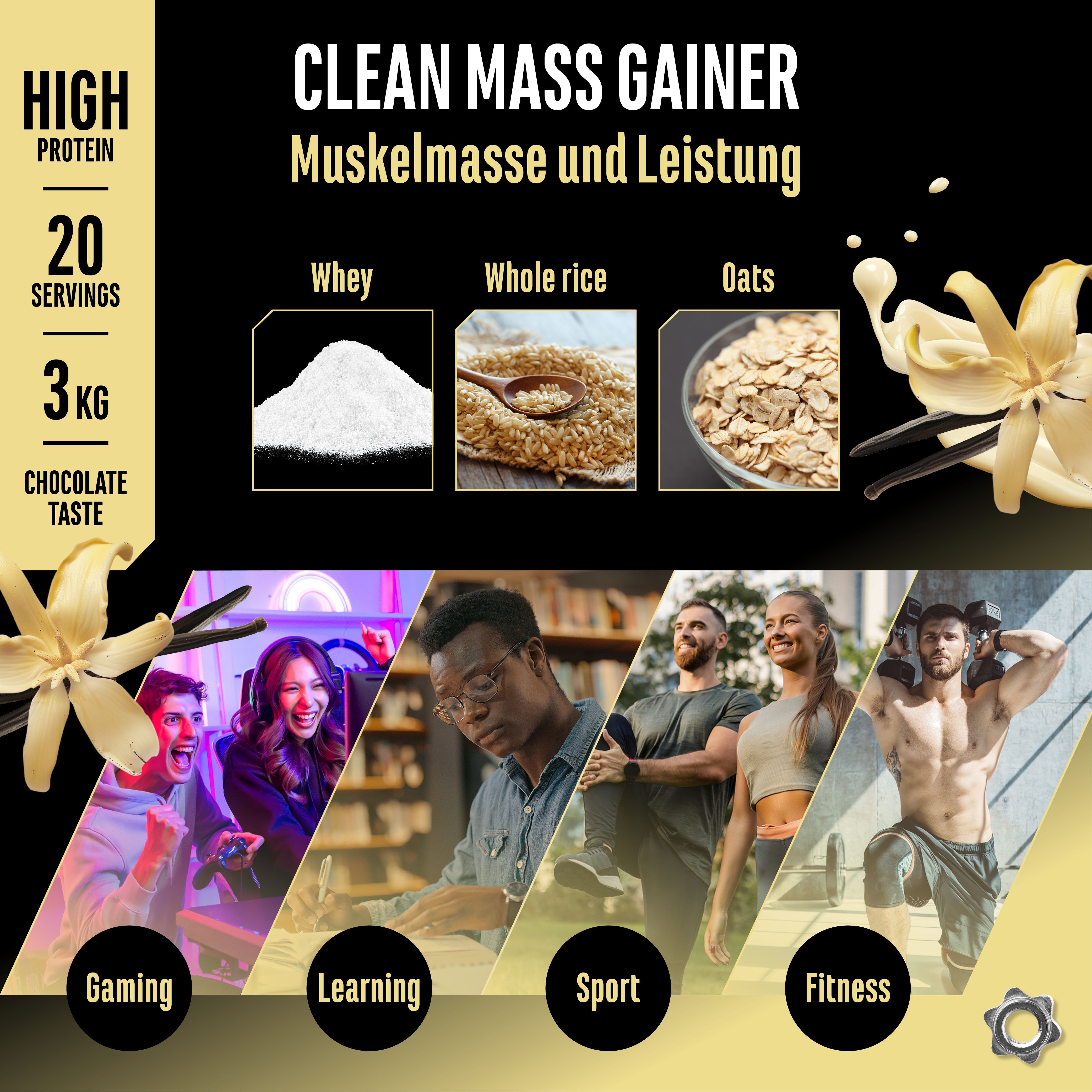 Grafik mit Informationen zu Clean Mass Gainer. Enthält Angaben zu Protein, Portionen, Geschmack und Zutaten wie Whey, Reis und Hafer.