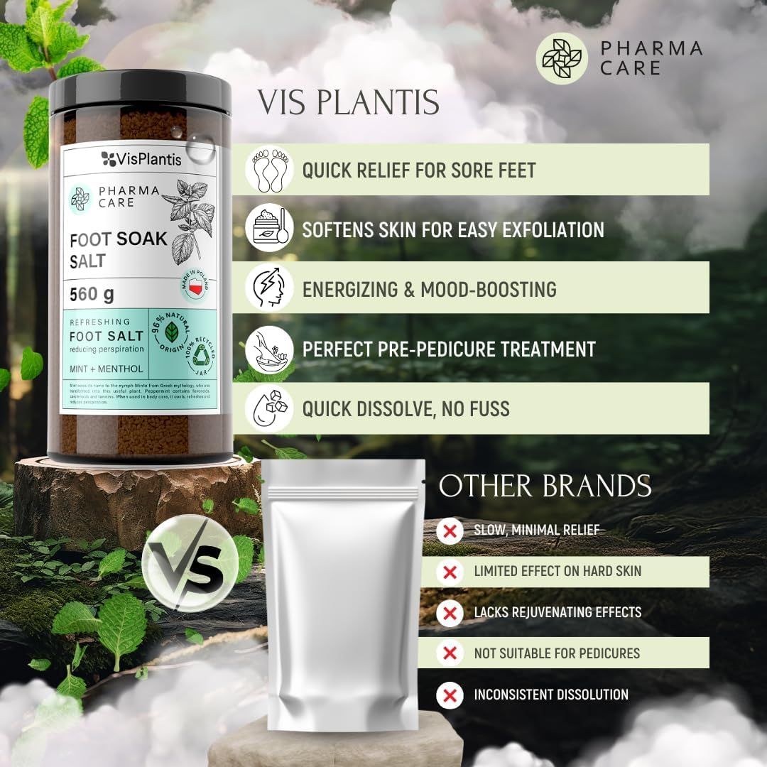 Produktvergleich. Links: Dose mit Etikett. Rechts: Beutel. Text: Quick relief for sore feet, Softens skin, Energizing, Perfect pre-pedicure.