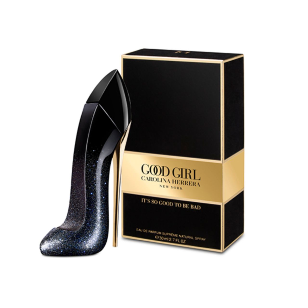Schwarzer Flakon in Schuhform und Verpackung. Goldene Akzente. Aufschrift: Good Girl, Carolina Herrera, It's so good to be bad.