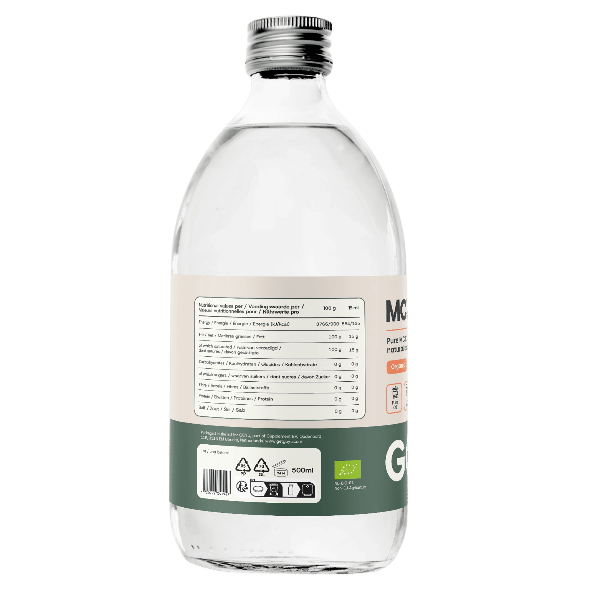 Rückseite einer Glasflasche mit GOYU MCT Öl C8, 500ml, mit Nährwertangaben und Bio-Siegel.