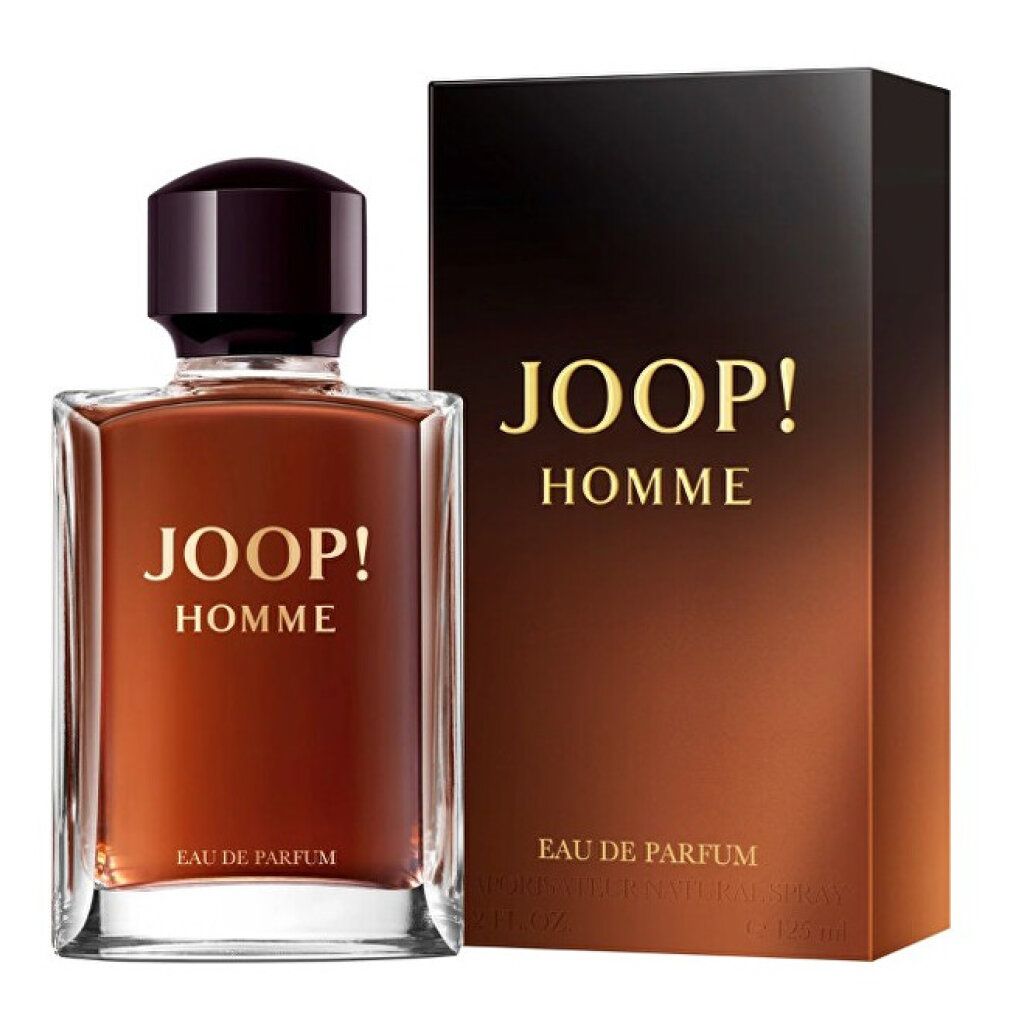 Parfümflakon und Verpackung. Flakon mit brauner Flüssigkeit, schwarzem Verschluss, goldfarbenem Schriftzug JOOP! HOMME. Verpackung mit Schriftzug.