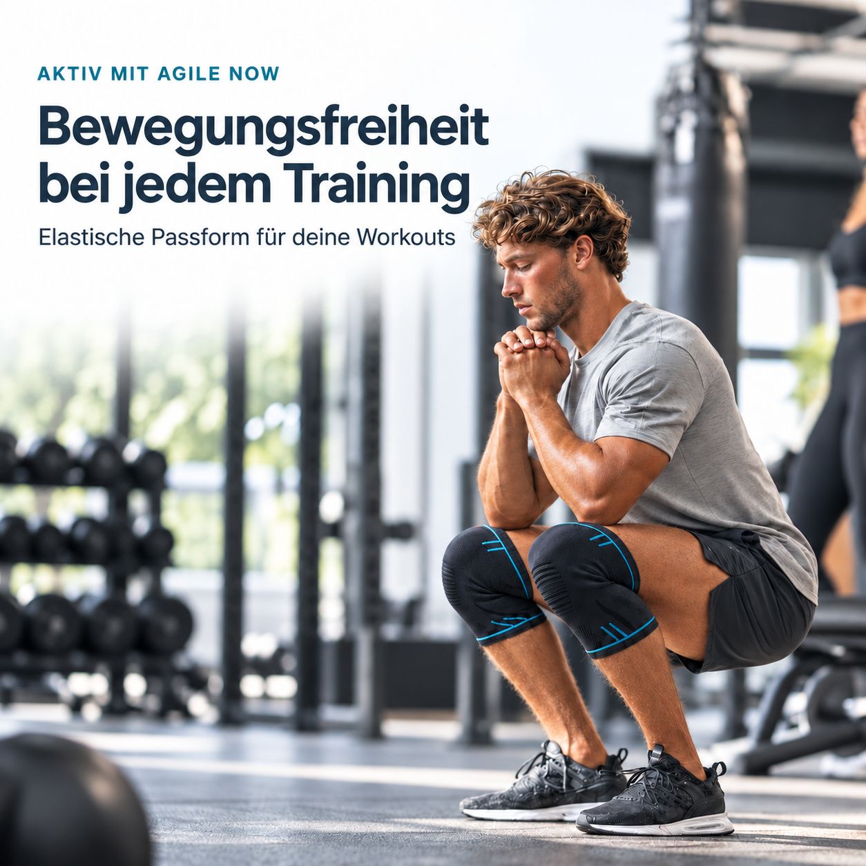 Mann beim Squat-Training mit Kniebandagen.