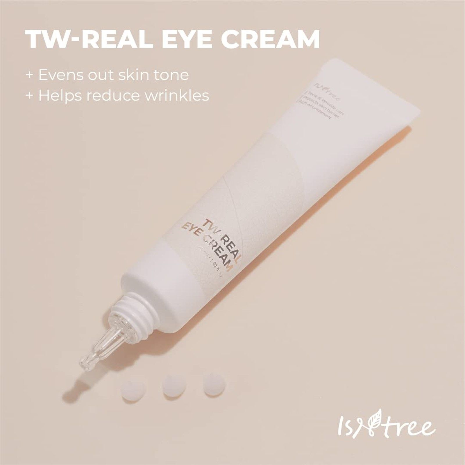 Isntree TW Real Eye Cream Tube mit Pipettenapplikator und Tropfen.